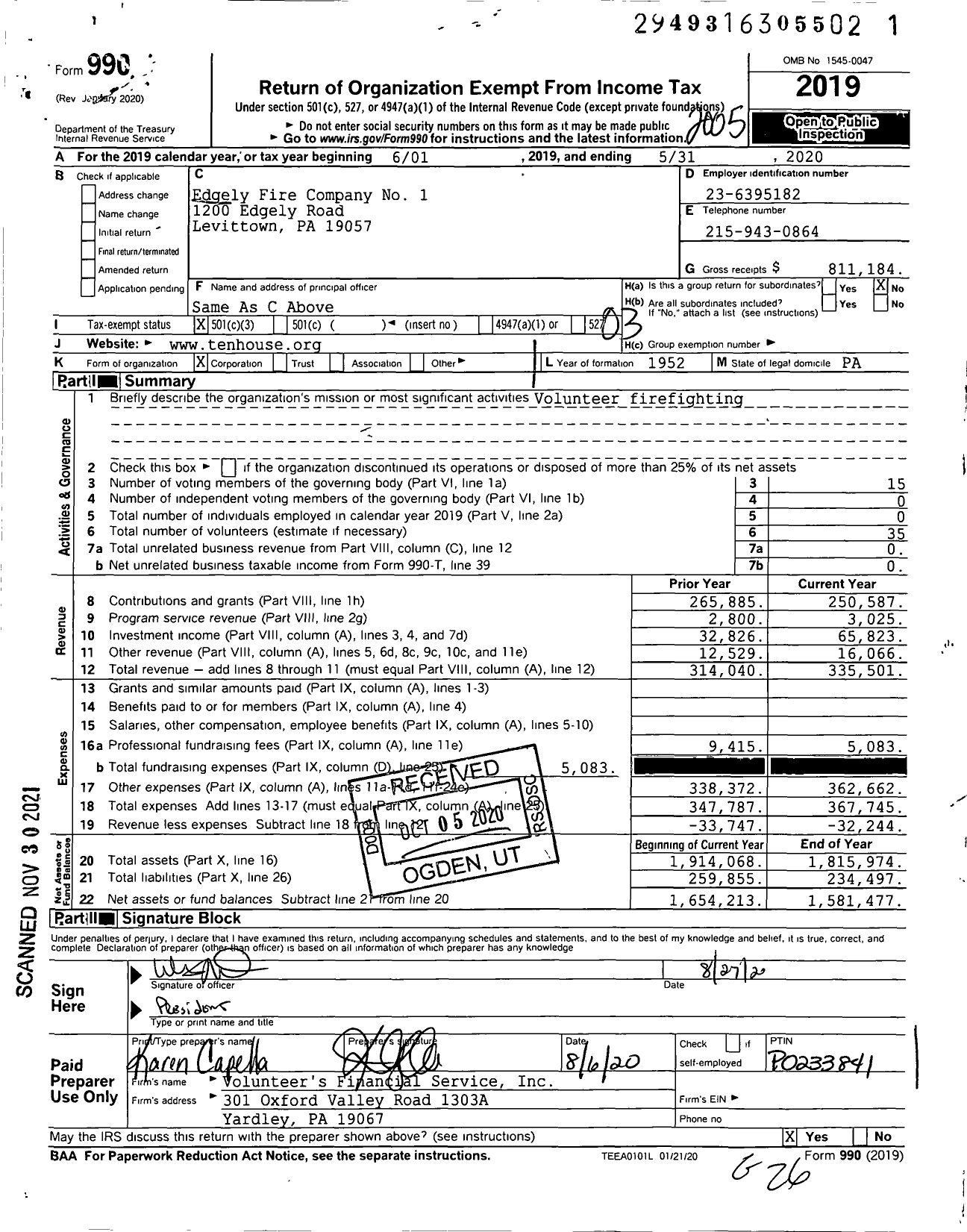 Image of first page of 2019 Form 990 for Edgely Fire Company No 1