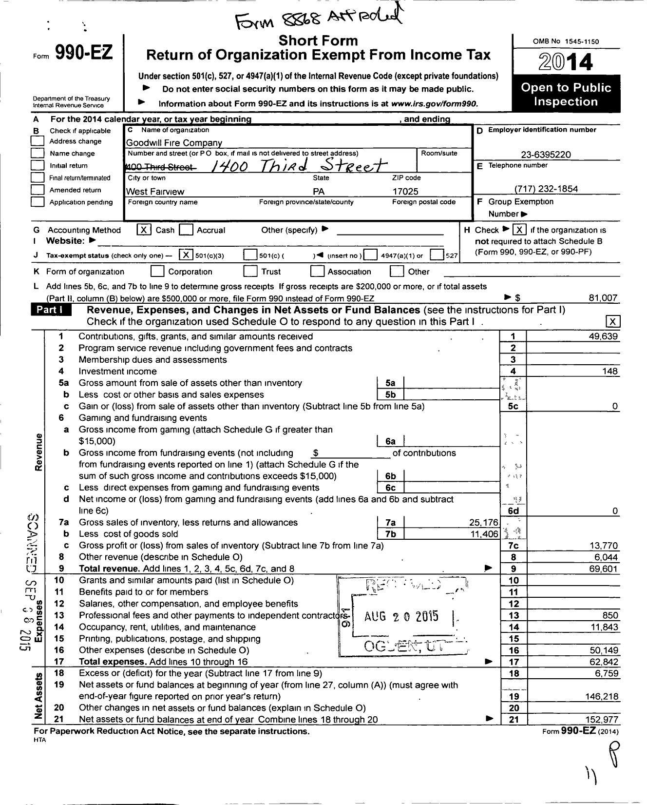 Image of first page of 2014 Form 990EZ for Goodwill Fire Company No 1 West Fairview