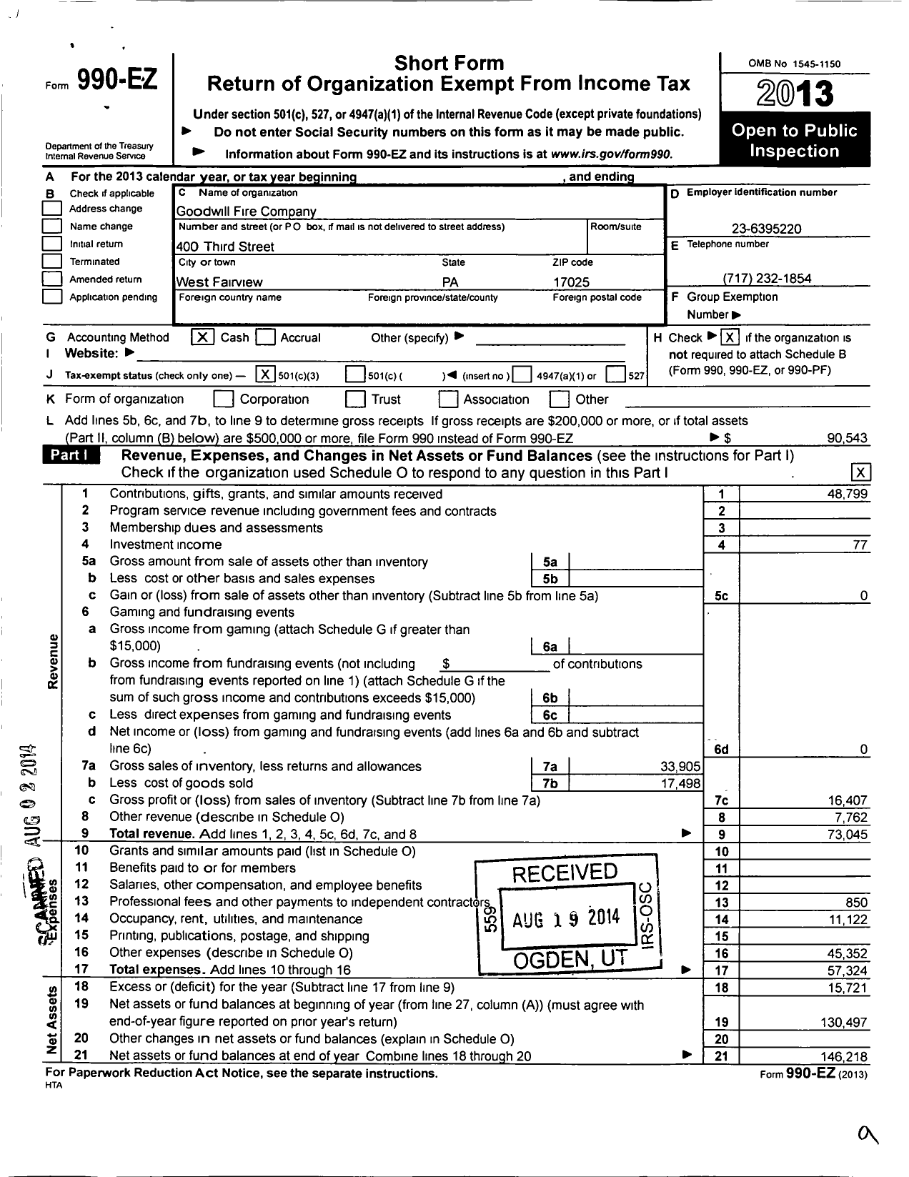 Image of first page of 2013 Form 990EZ for Goodwill Fire Company No 1 West Fairview