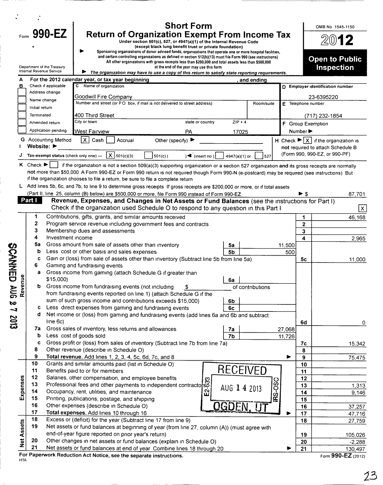 Image of first page of 2012 Form 990EZ for Goodwill Fire Company No 1 West Fairview