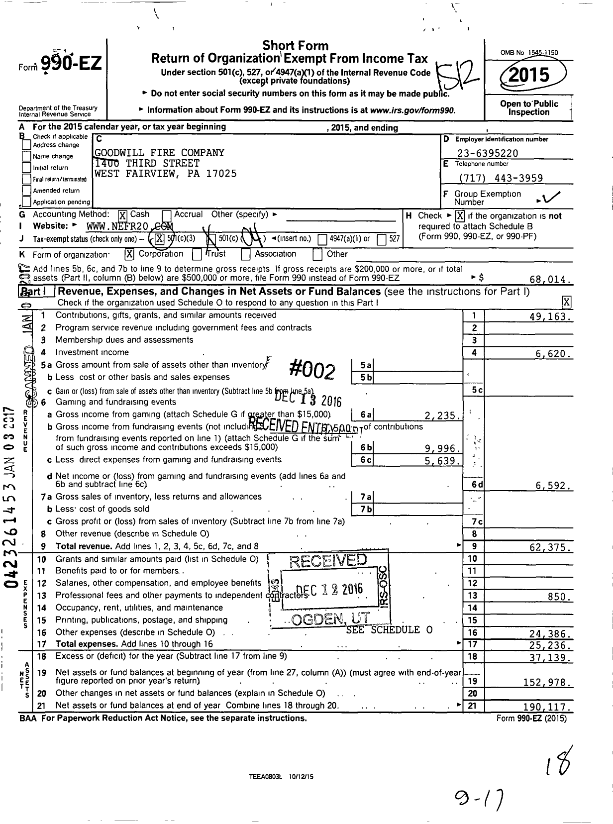 Image of first page of 2015 Form 990EO for Goodwill Fire Company No 1 West Fairview