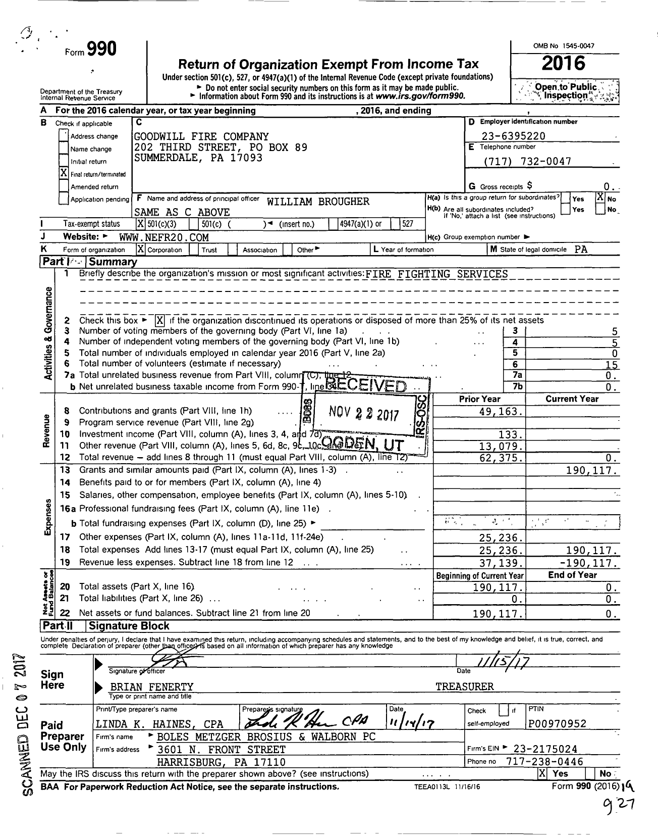 Image of first page of 2016 Form 990 for Goodwill Fire Company No 1 West Fairview