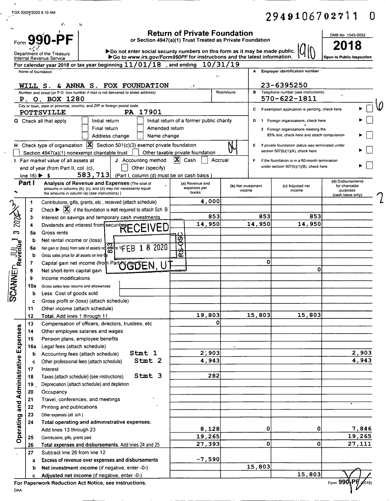 Image of first page of 2018 Form 990PR for Will S and Anna S Fox Foundation