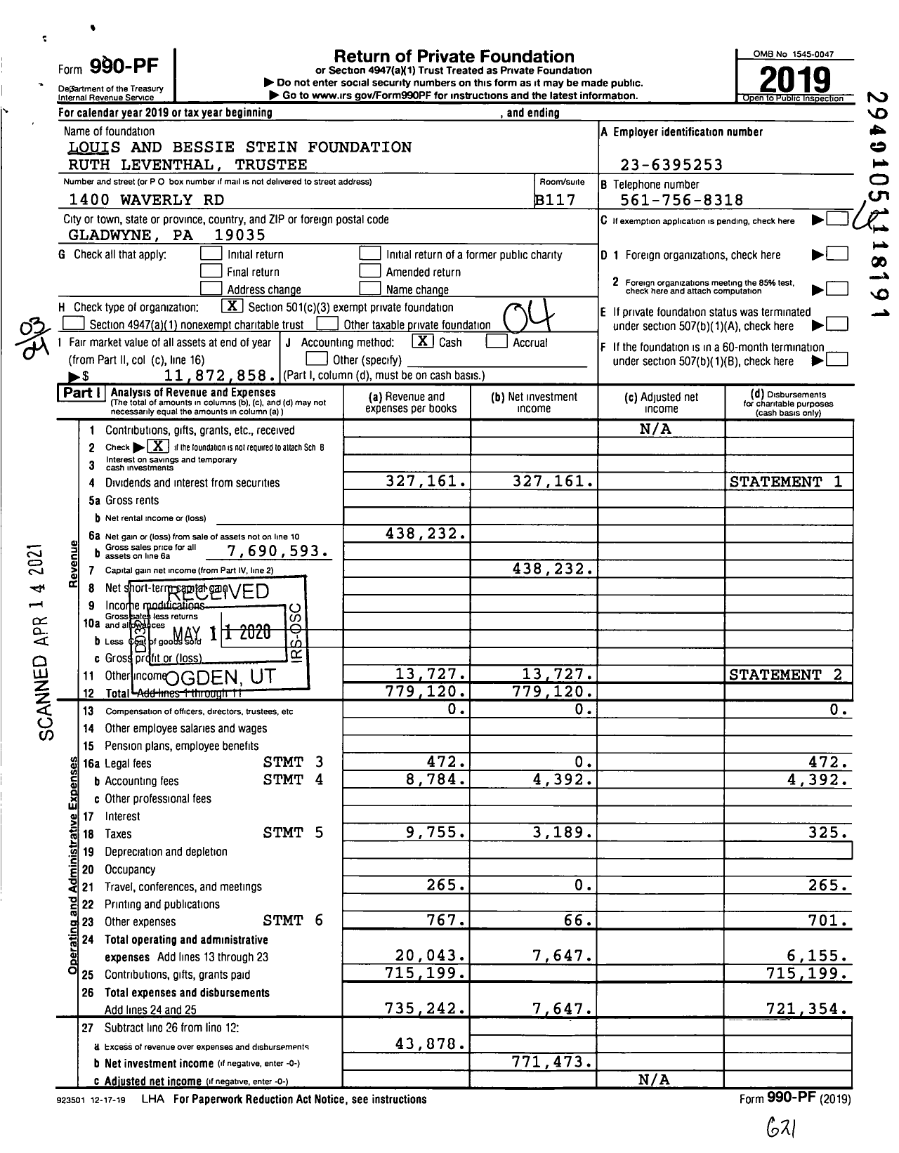 Image of first page of 2019 Form 990PF for Louis and Bessie Stein Foundation Ruth Leventhal Trustee