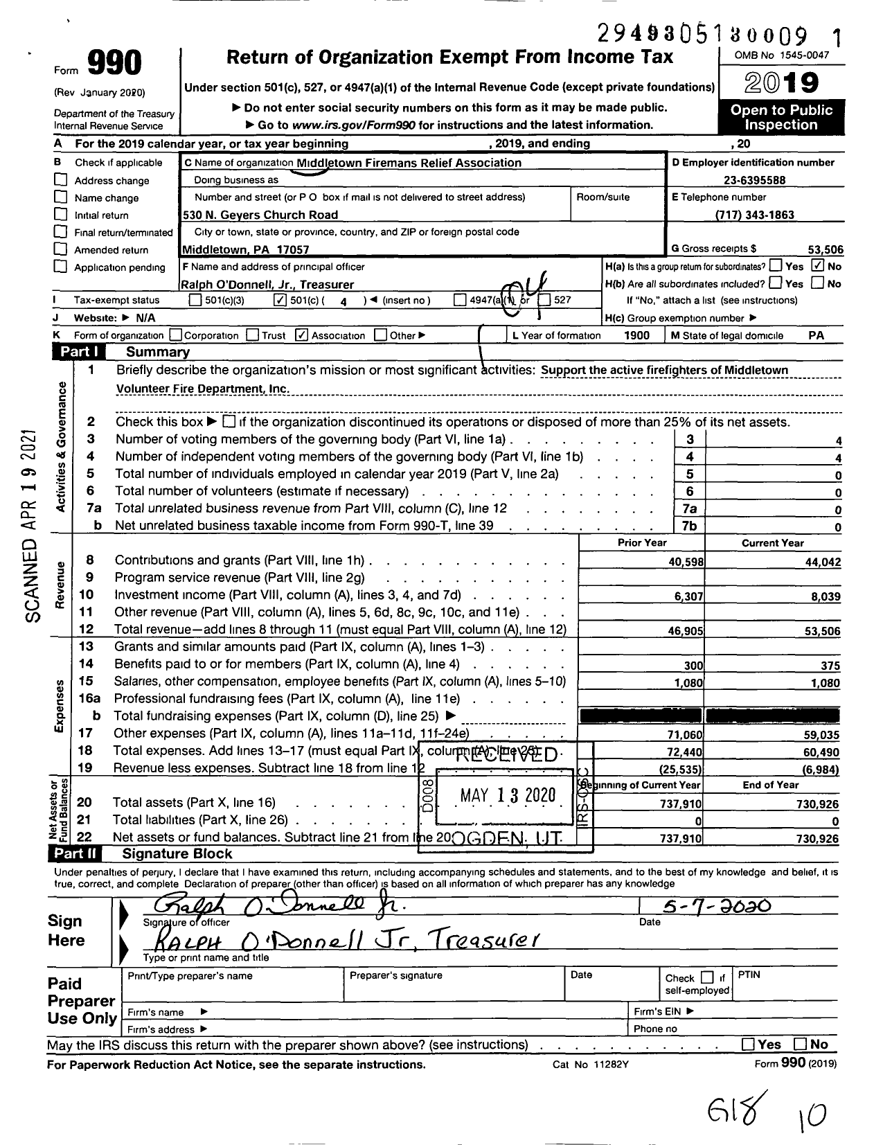 Image of first page of 2019 Form 990O for Middletown Firemans Relief Association