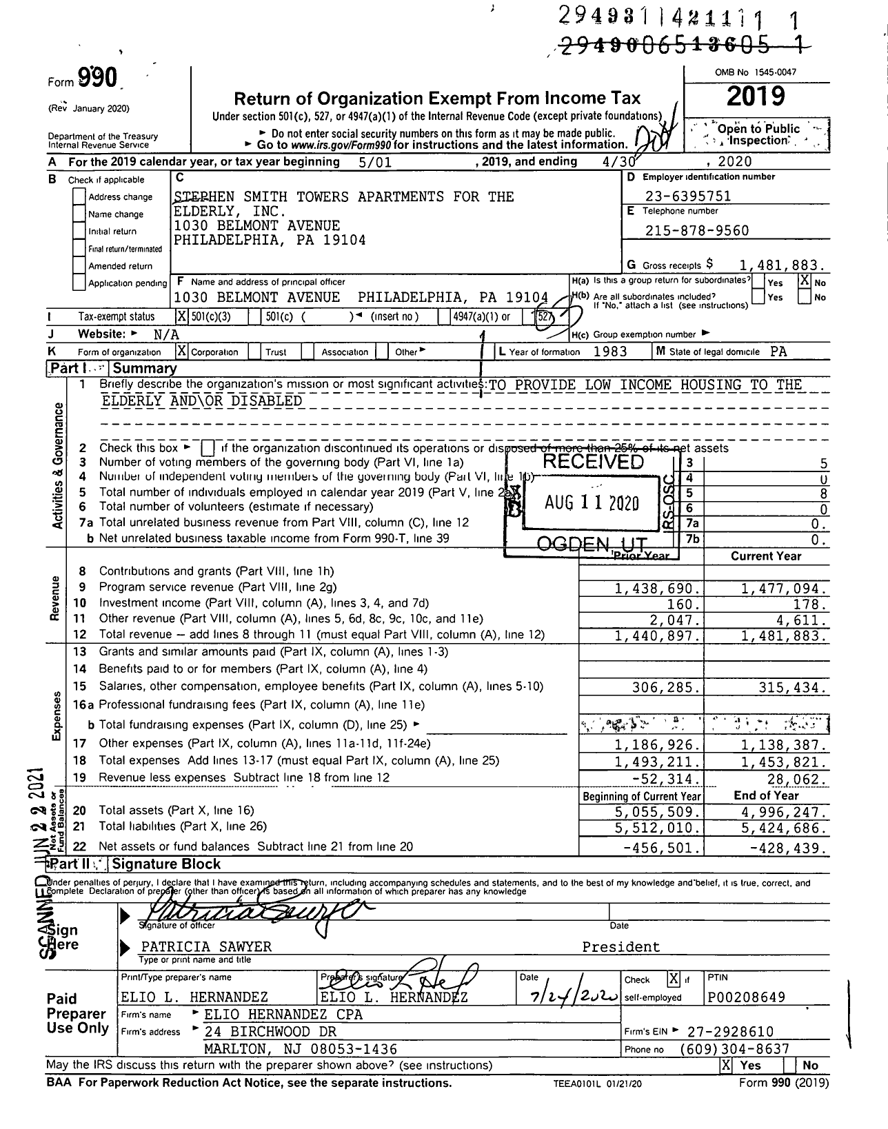 Image of first page of 2019 Form 990 for Stephen Smith Towers Apartments for the Elderly