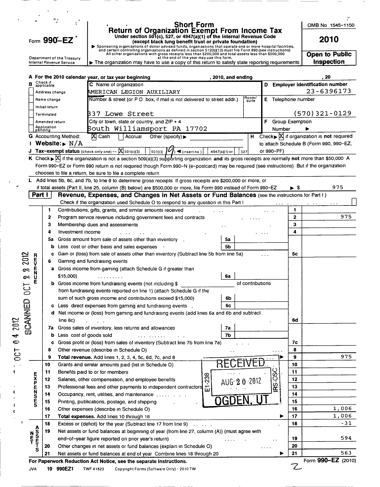Image of first page of 2010 Form 990EO for American Legion - 617 Royal P Steinbacker