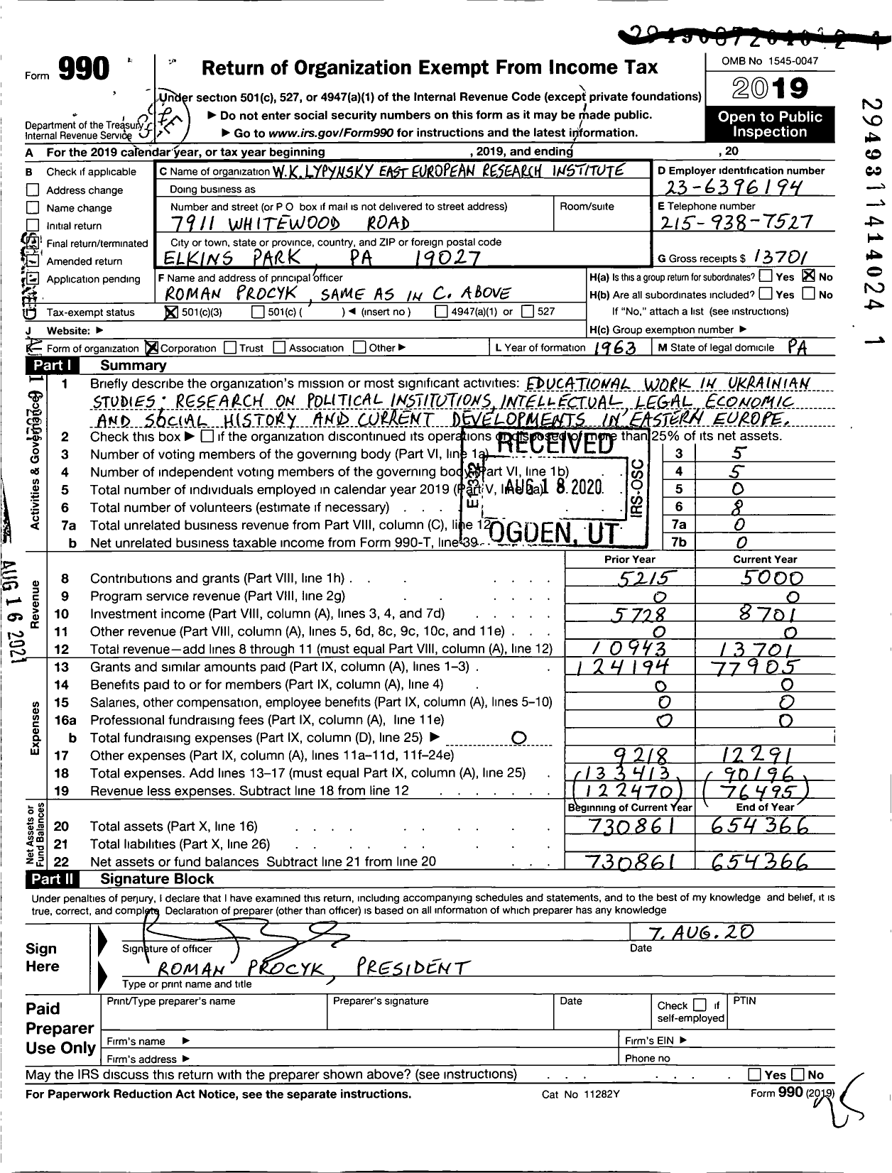 Image of first page of 2019 Form 990 for W K Lypynsky East European Research Institute Incorporated