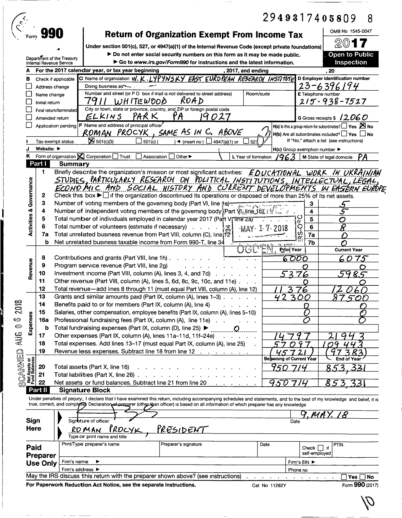 Image of first page of 2017 Form 990 for W K Lypynsky East European Research Institute Incorporated