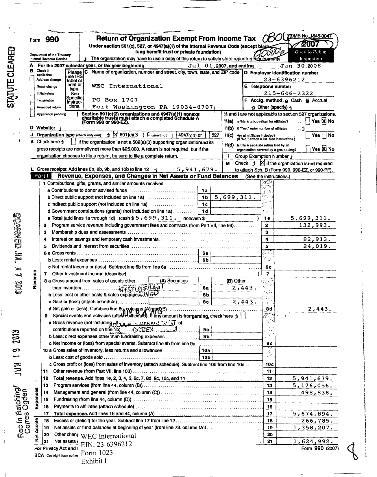 Image of first page of 2007 Form 990 for Wec International (WEC)