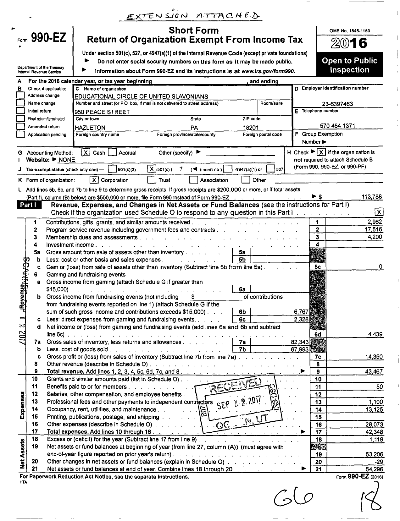 Image of first page of 2016 Form 990EO for Educational Circle of United Slavonians of Hazleton and Vicinity