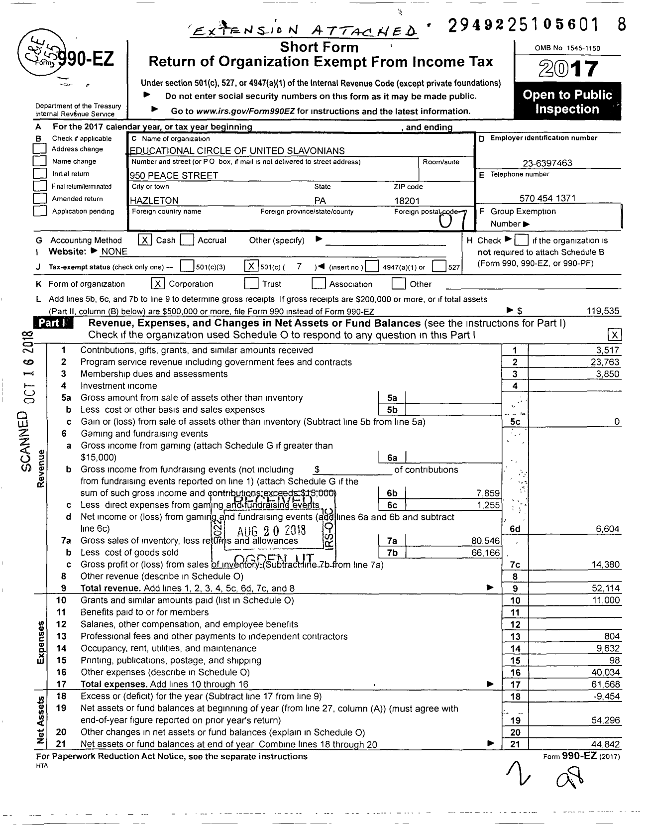 Image of first page of 2017 Form 990EO for Educational Circle of United Slavonians of Hazleton and Vicinity