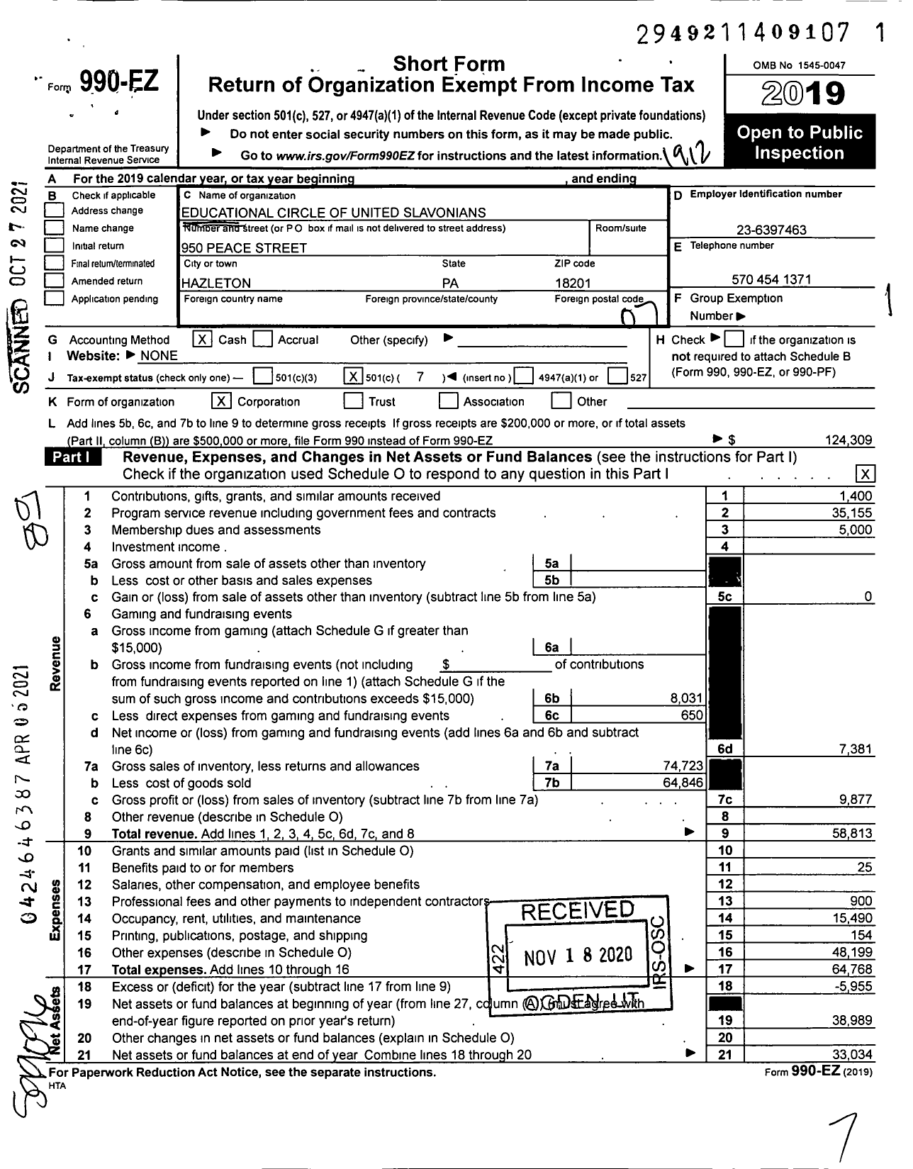 Image of first page of 2019 Form 990EO for Educational Circle of United Slavonians of Hazleton and Vicinity