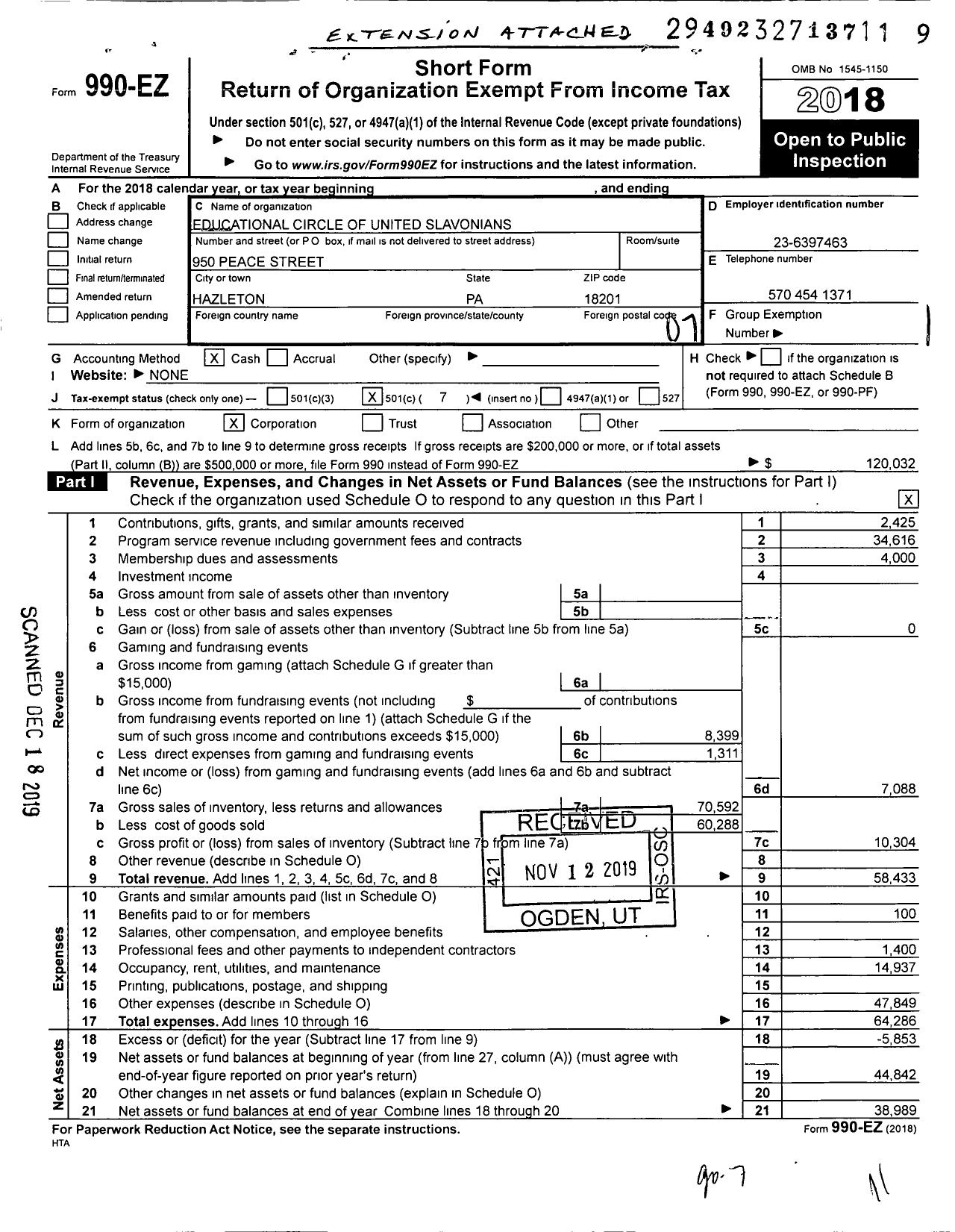 Image of first page of 2018 Form 990EO for Educational Circle of United Slavonians of Hazleton and Vicinity