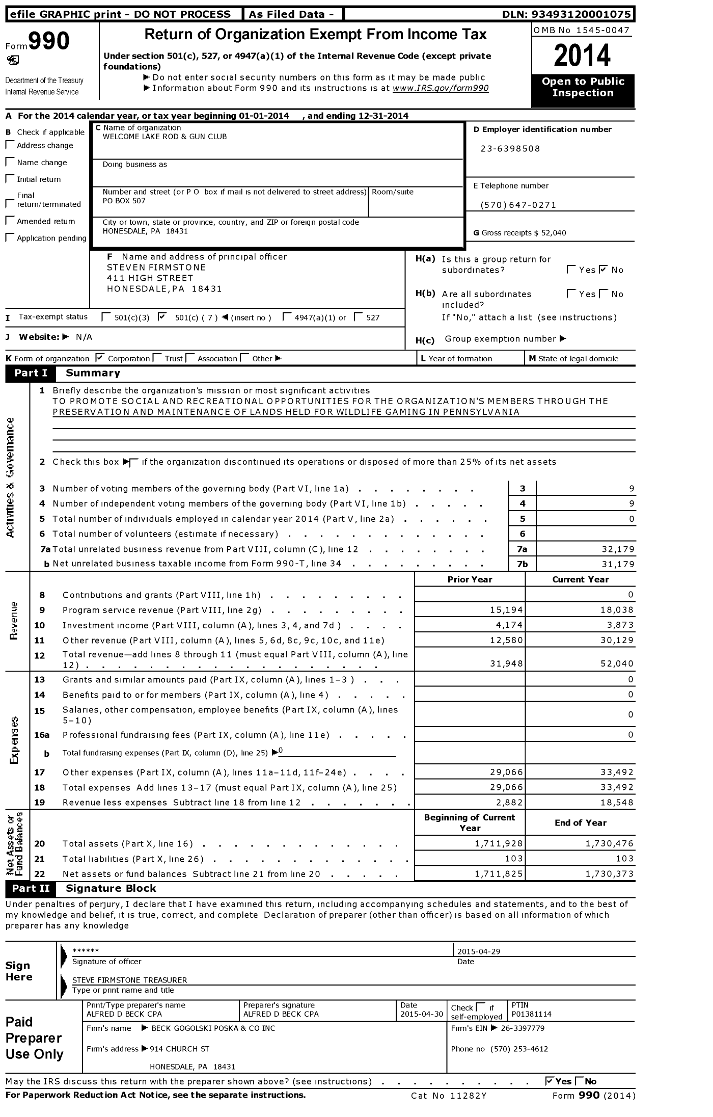 Image of first page of 2014 Form 990O for Welcome Lake Rod and Gun Club