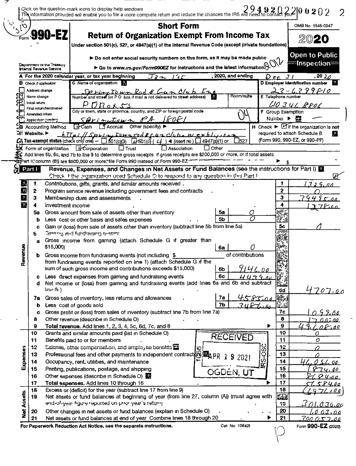 Image of first page of 2020 Form 990EO for Springtown Rod and Gun Club