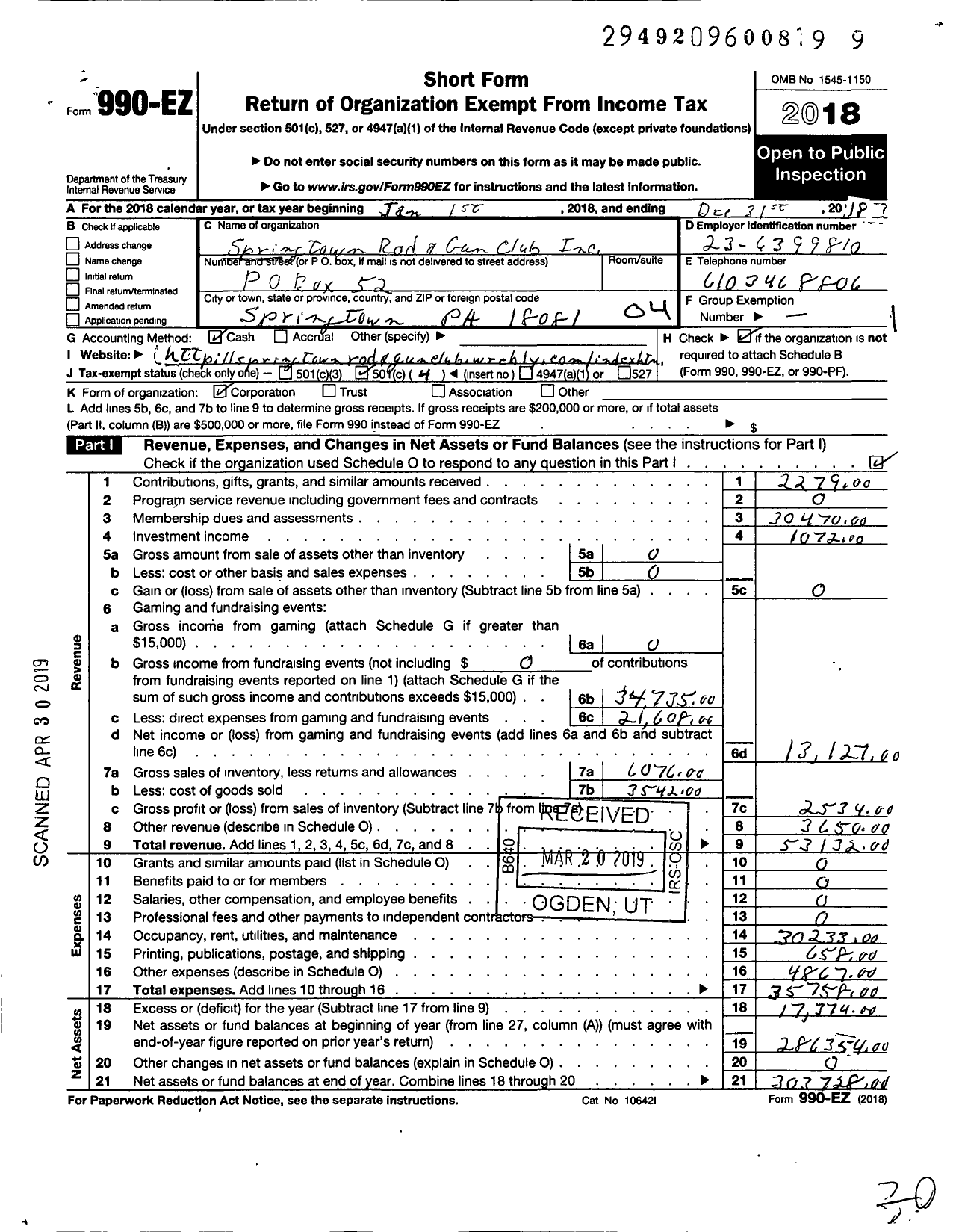 Image of first page of 2018 Form 990EO for Springtown Rod and Gun Club