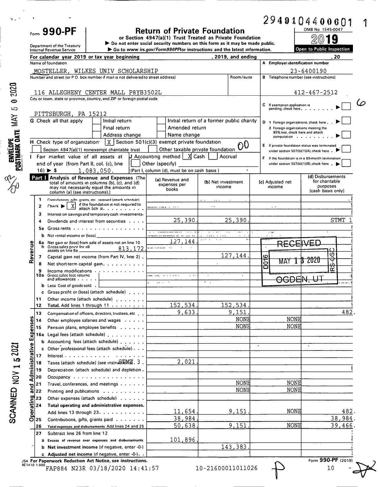 Image of first page of 2019 Form 990PF for John C Mosteller TW