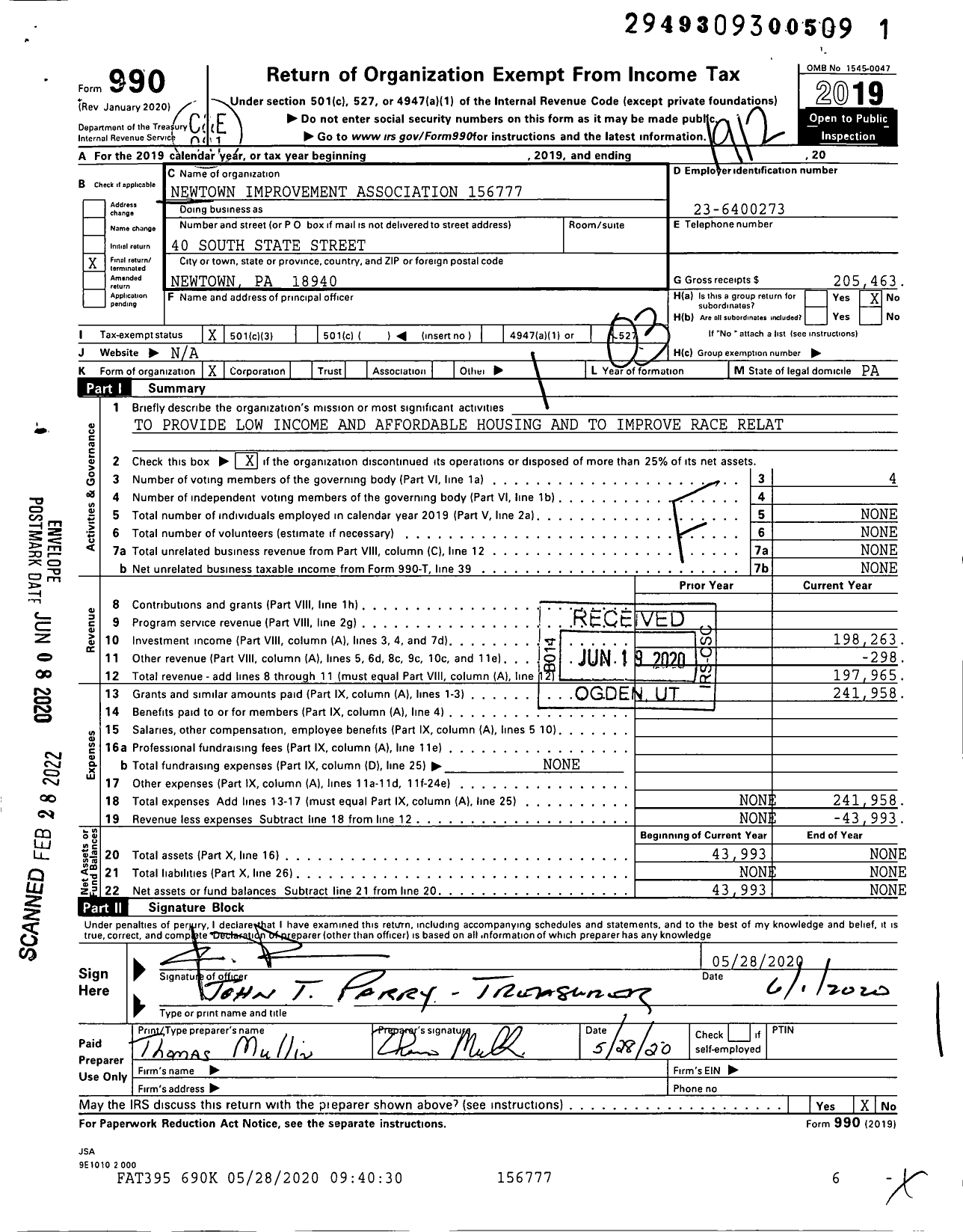 Image of first page of 2019 Form 990 for Newtown Improvement Association