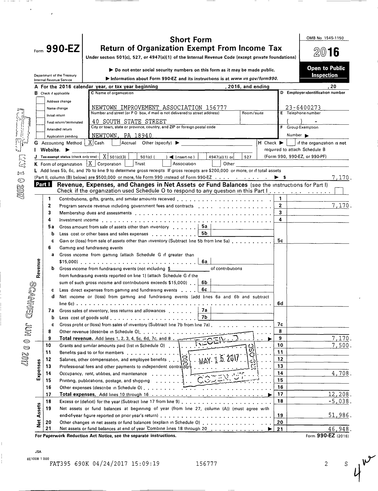 Image of first page of 2016 Form 990EZ for Newtown Improvement Association