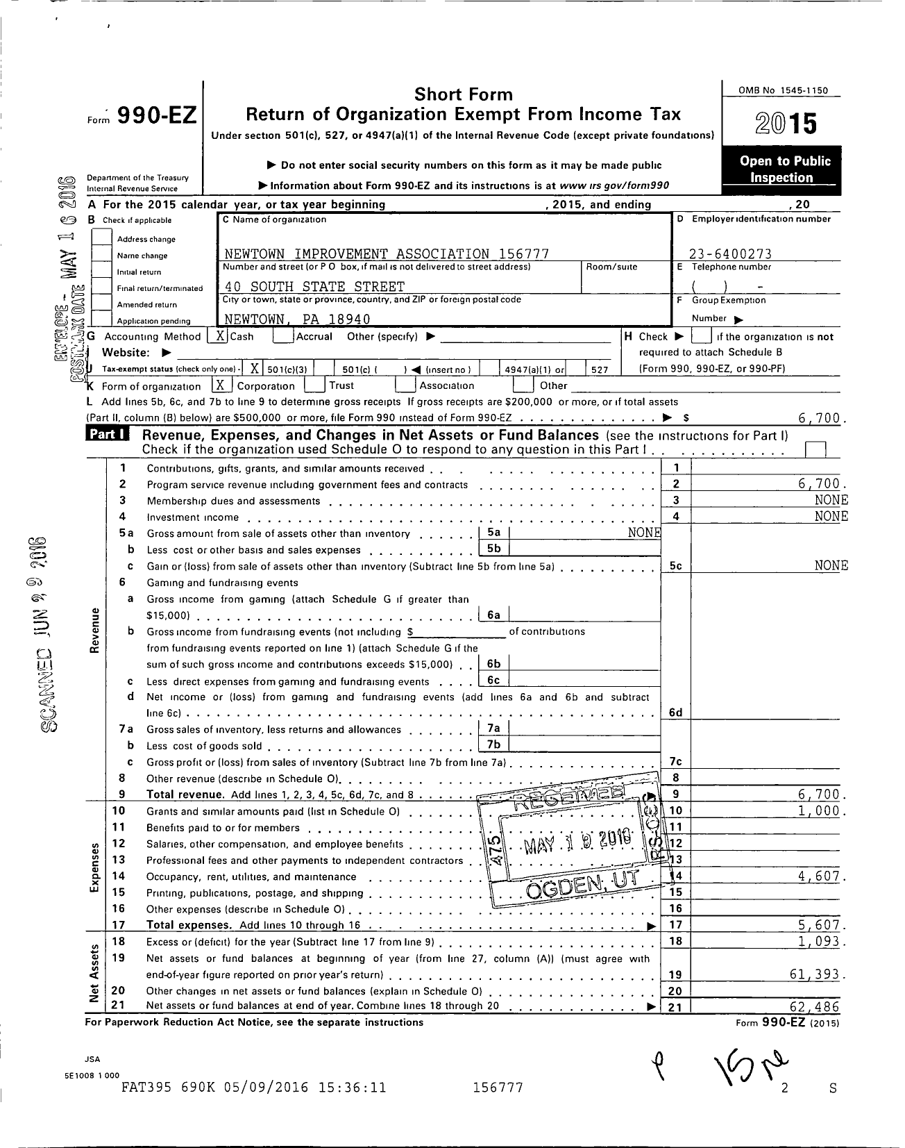 Image of first page of 2015 Form 990EZ for Newtown Improvement Association