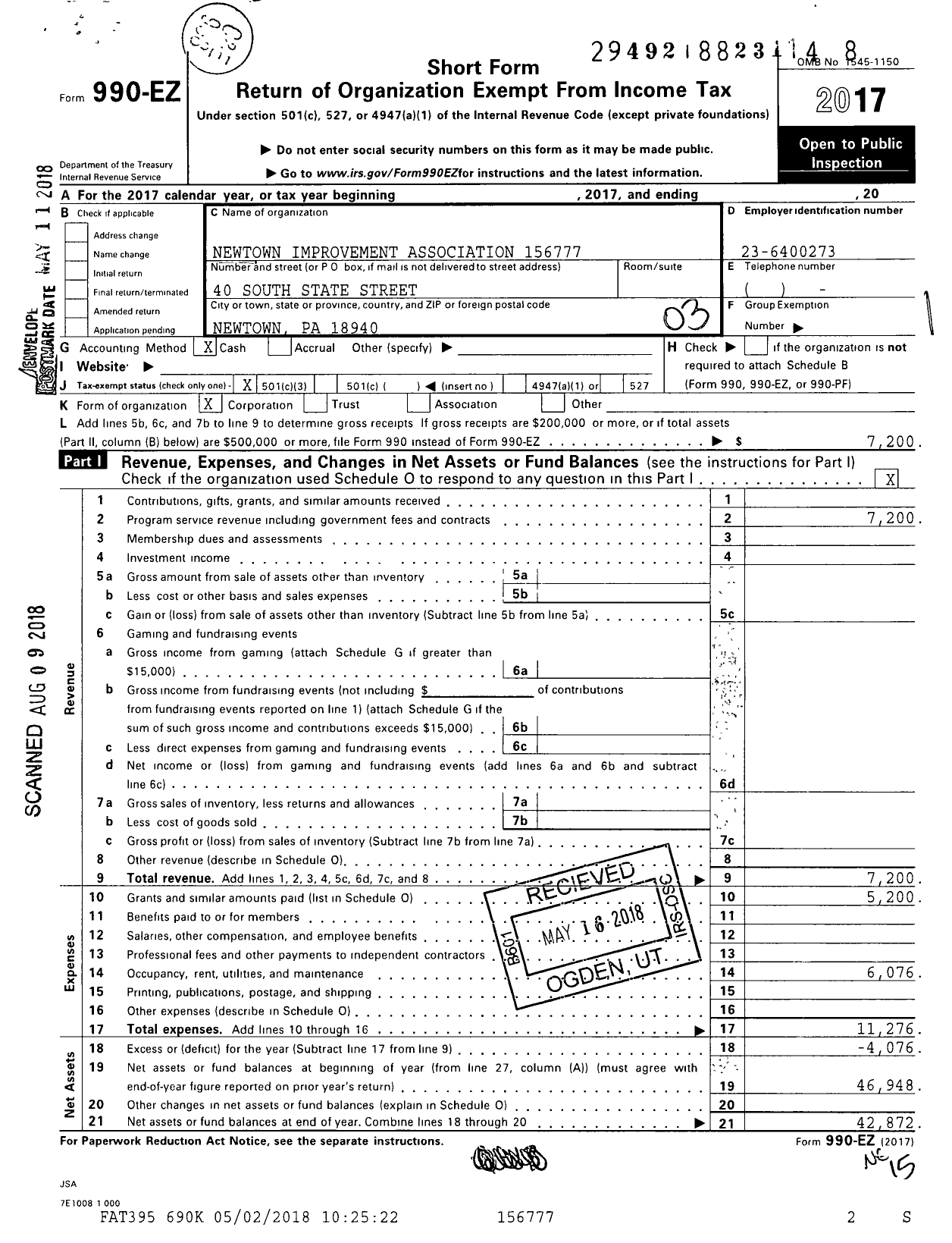 Image of first page of 2017 Form 990EZ for Newtown Improvement Association