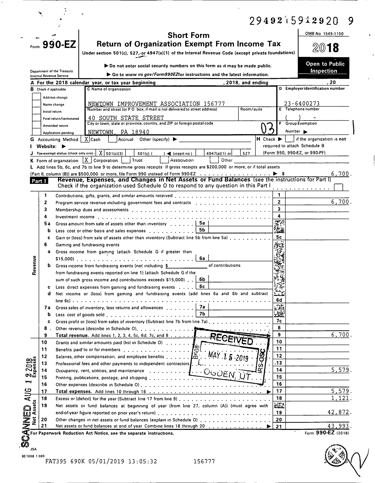 Image of first page of 2018 Form 990EZ for Newtown Improvement Association