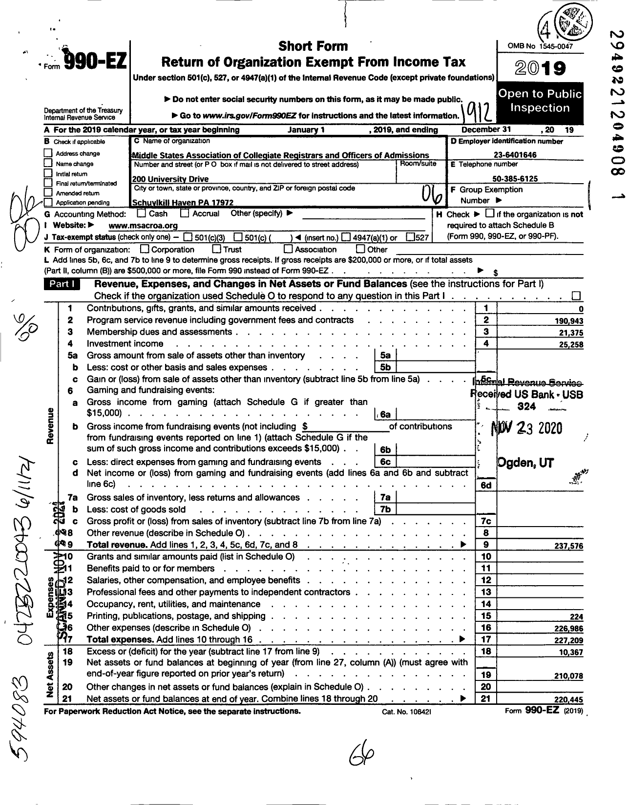 Image of first page of 2019 Form 990EO for Middle States Association of Collegiate RGSTRS and Offcrs of Adms