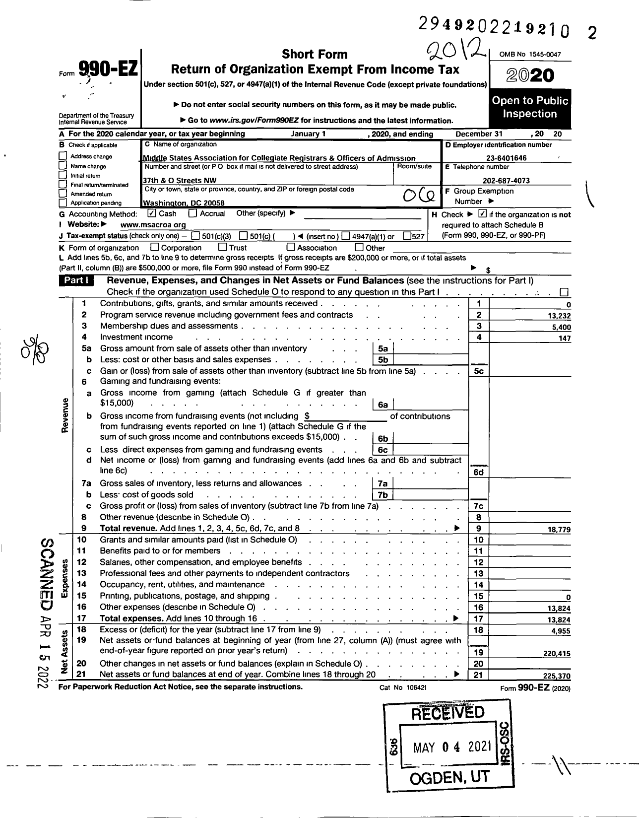 Image of first page of 2020 Form 990EO for Middle States Association of Collegiate RGSTRS and Offcrs of Adms