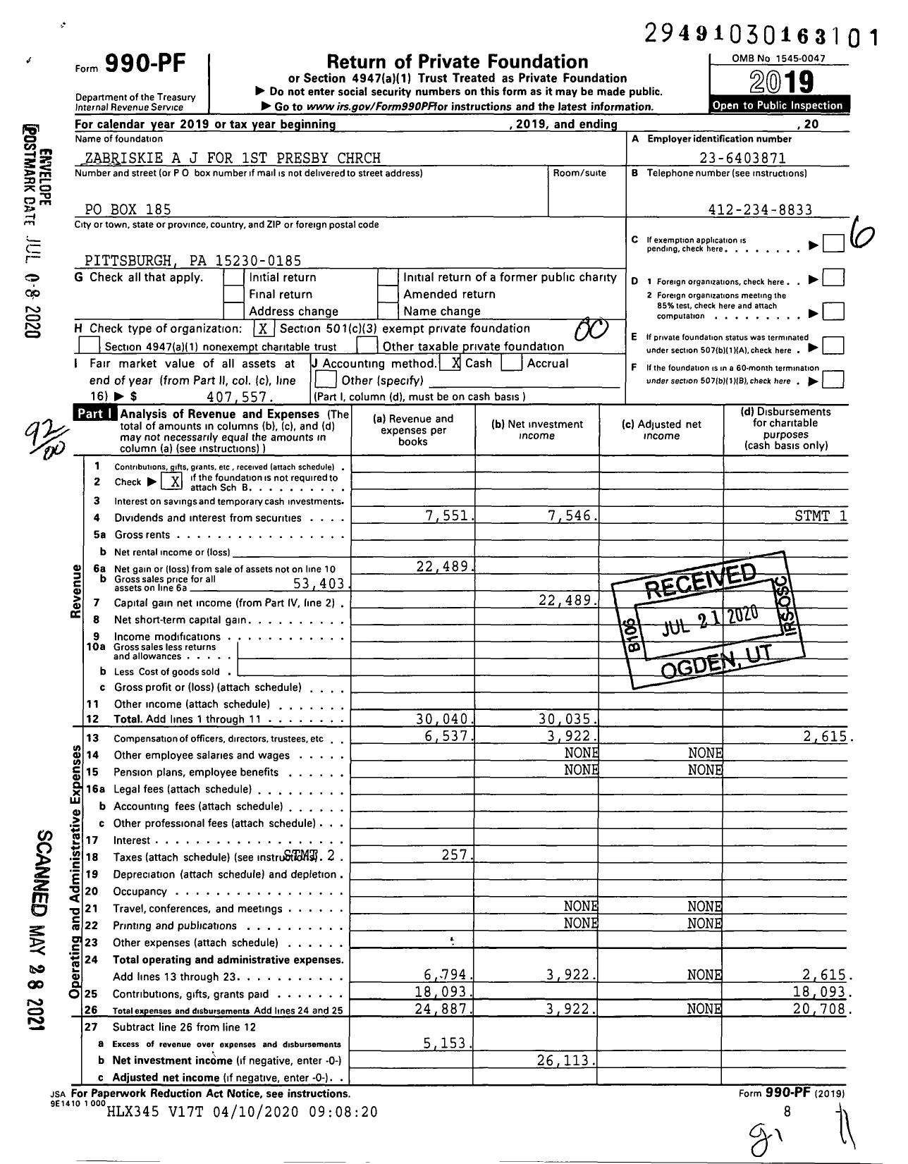 Image of first page of 2019 Form 990PF for Zabriskie A J for 1st Presby CHRCH