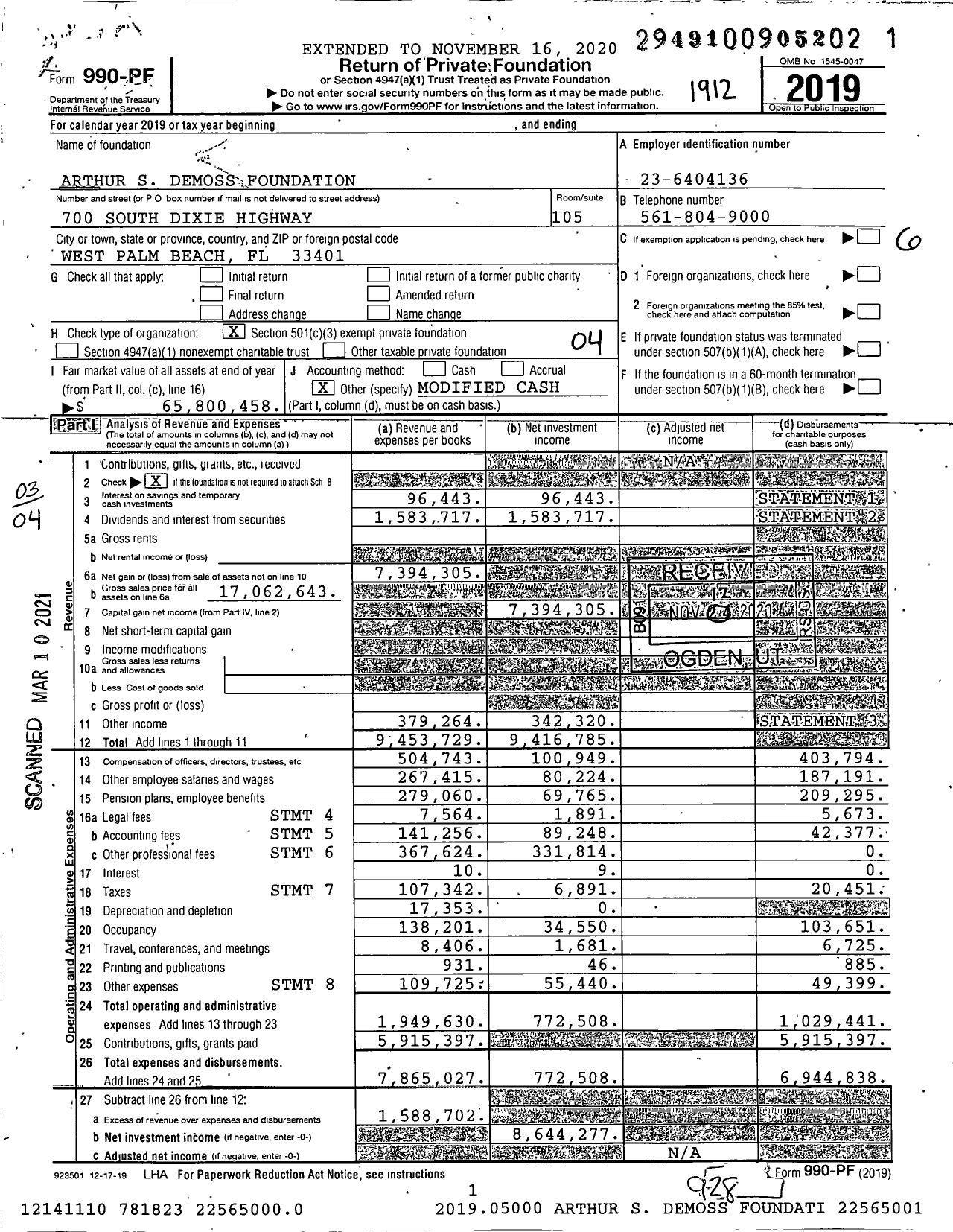 Image of first page of 2019 Form 990PF for Arthur S. Demoss Foundation