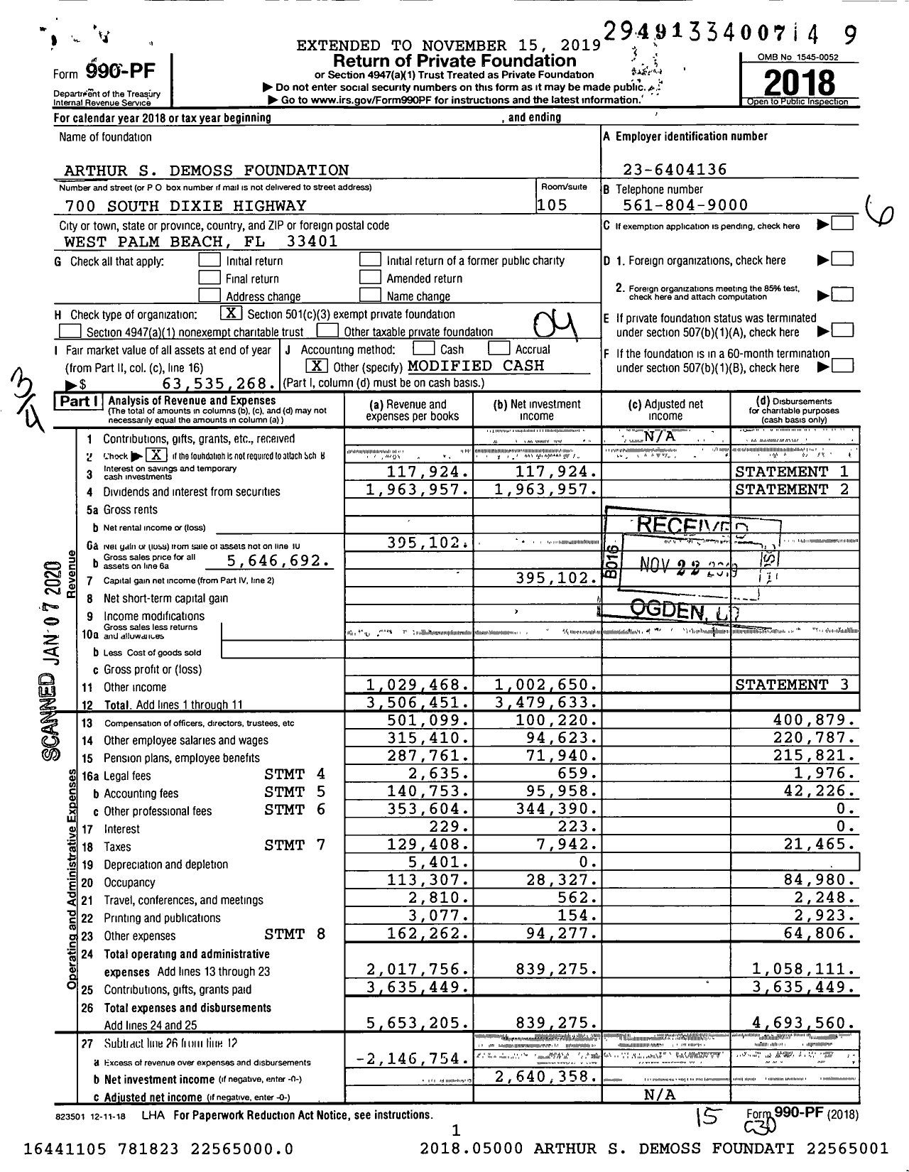 Image of first page of 2018 Form 990PF for Arthur S. Demoss Foundation