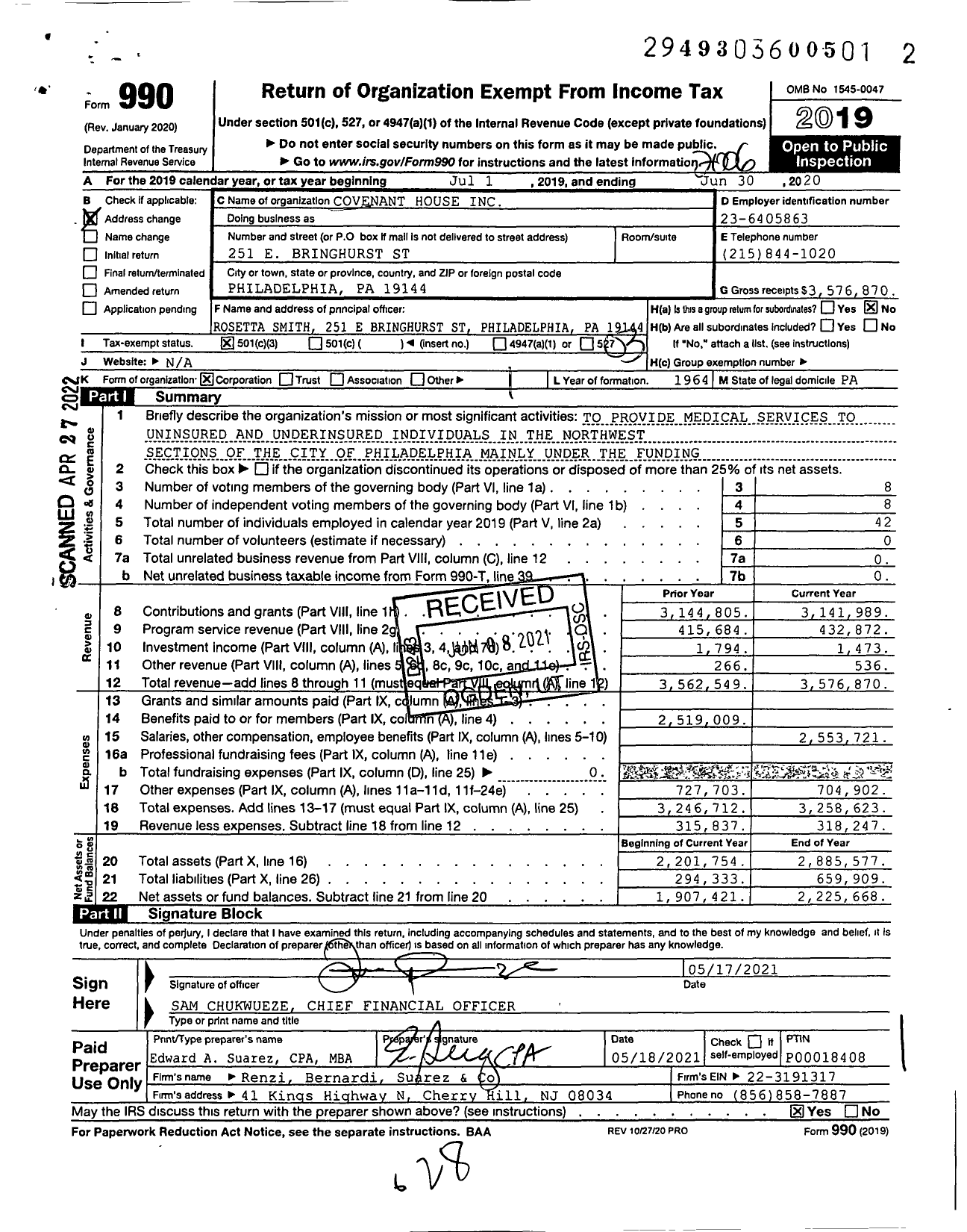 Image of first page of 2019 Form 990 for Covenant House Pennsylvania