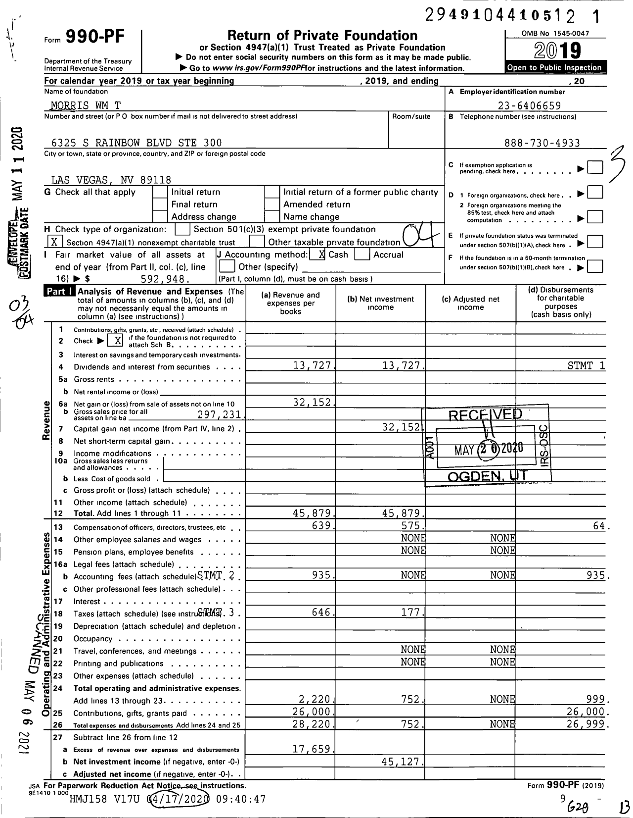 Image of first page of 2019 Form 990PF for Morris WM T