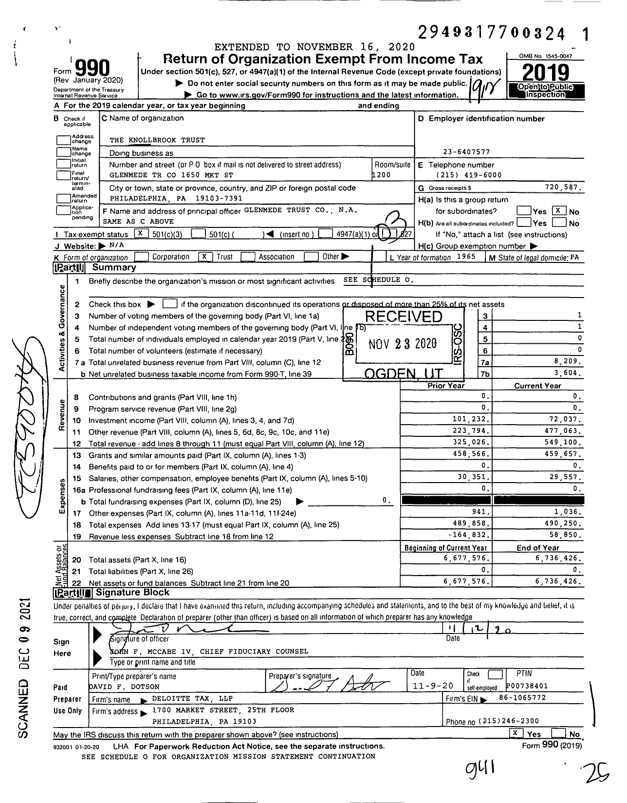 Image of first page of 2019 Form 990 for The Knollbrook Trust