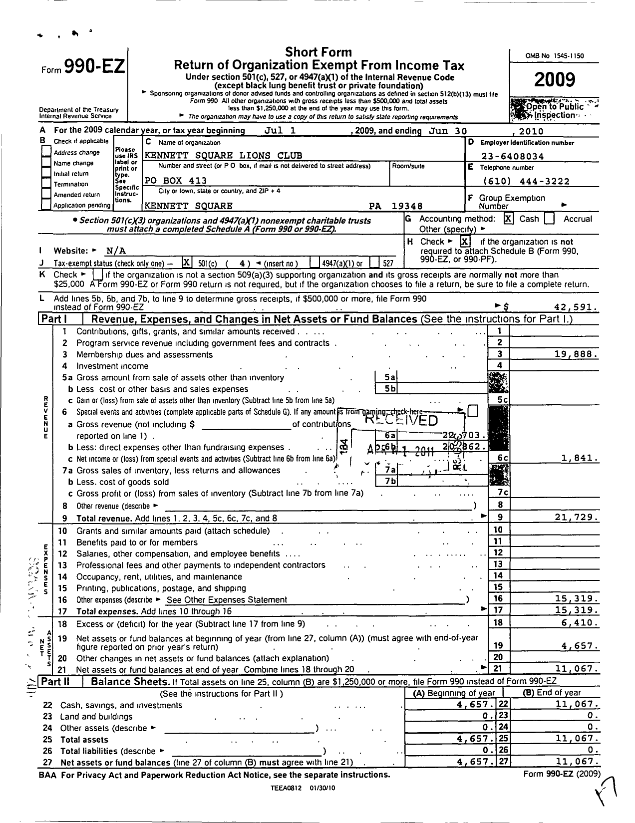 Image of first page of 2009 Form 990EO for Lions Clubs - 6405 Kennett Square