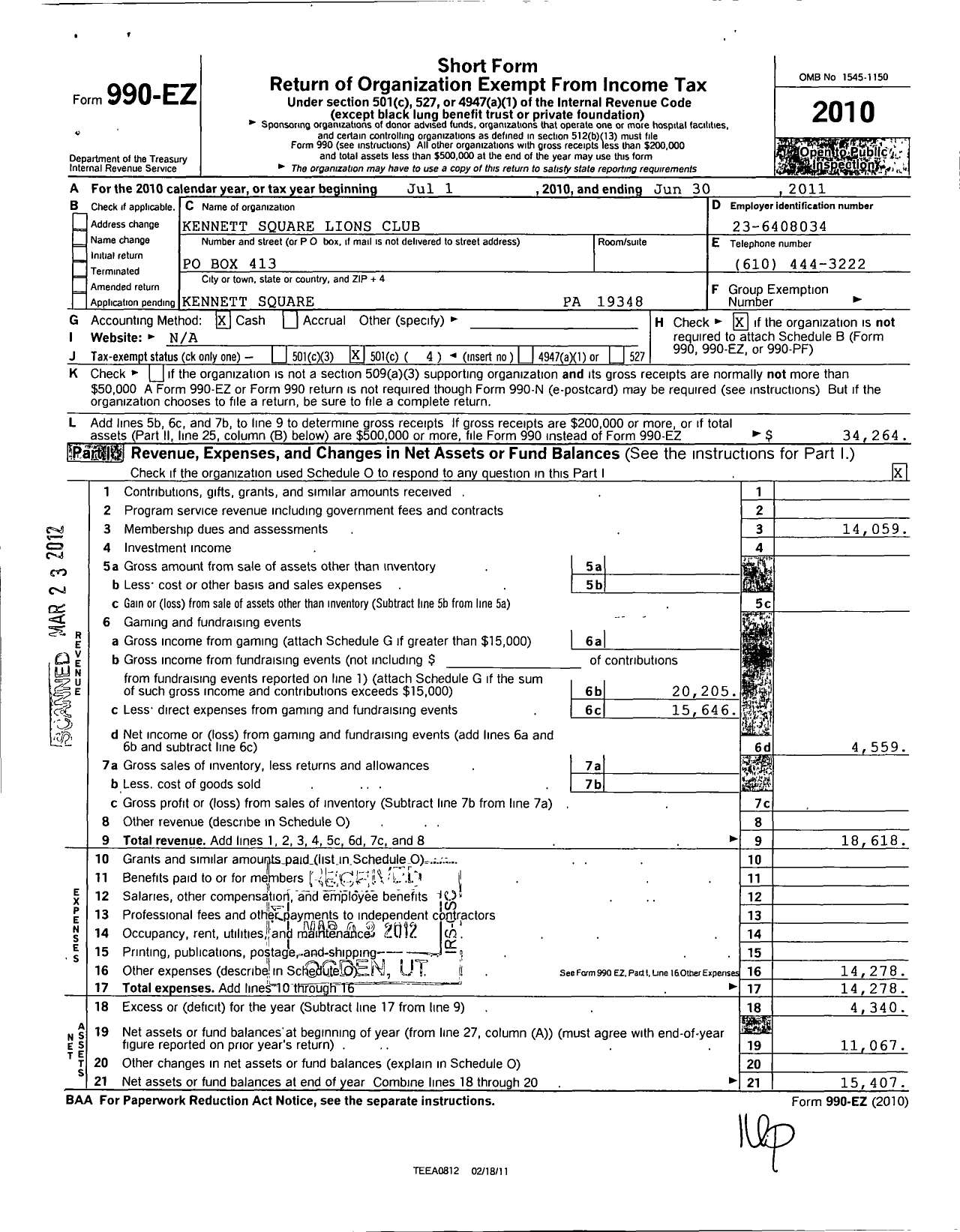 Image of first page of 2010 Form 990EO for Lions Clubs - 6405 Kennett Square