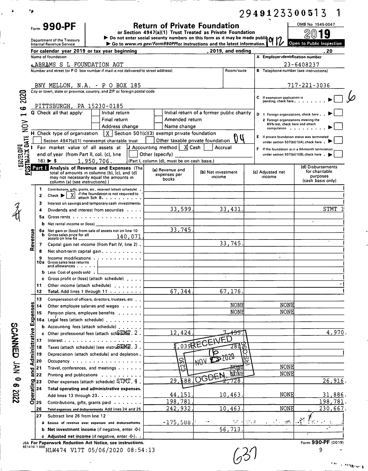 Image of first page of 2019 Form 990PF for Abrams S L Foundation Agt