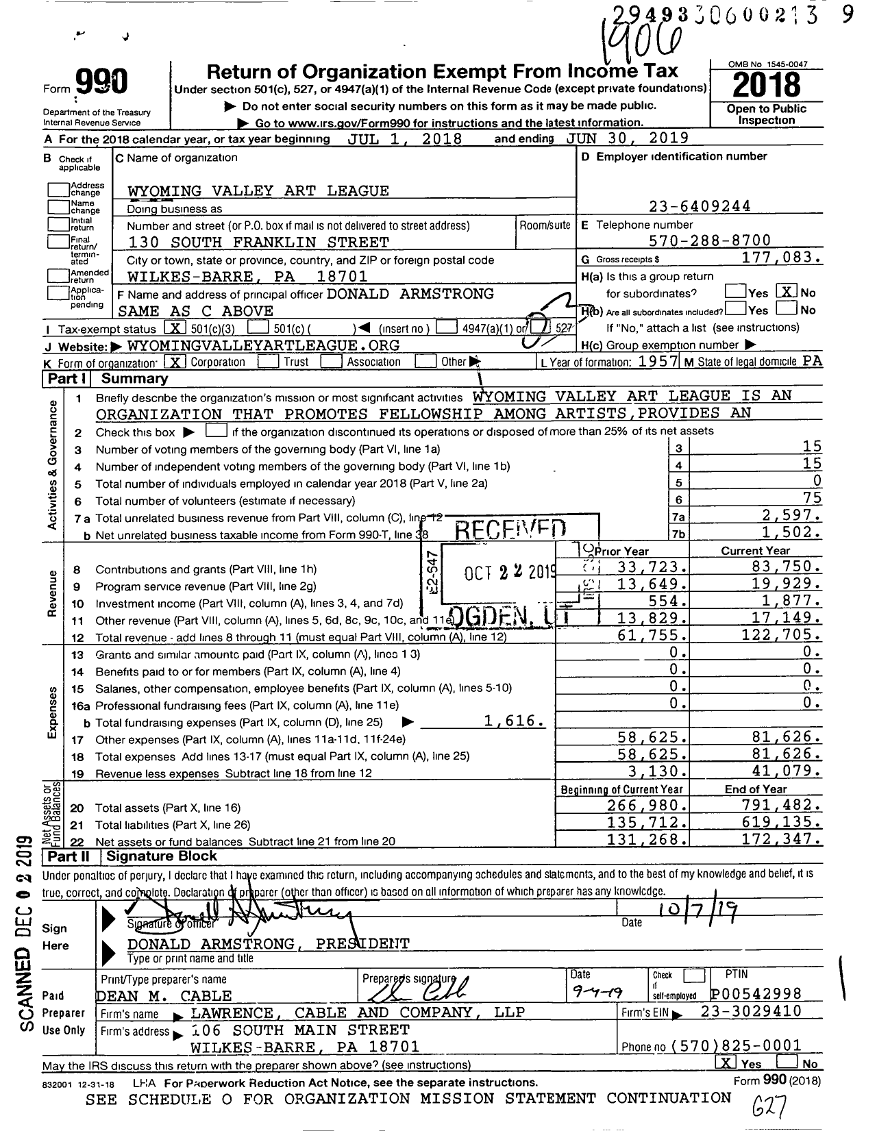 Image of first page of 2018 Form 990 for Wyoming Valley Art League