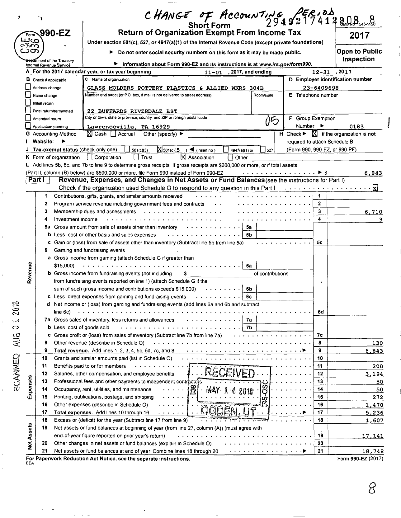 Image of first page of 2017 Form 990EO for United Steelworkers - 00304B Local