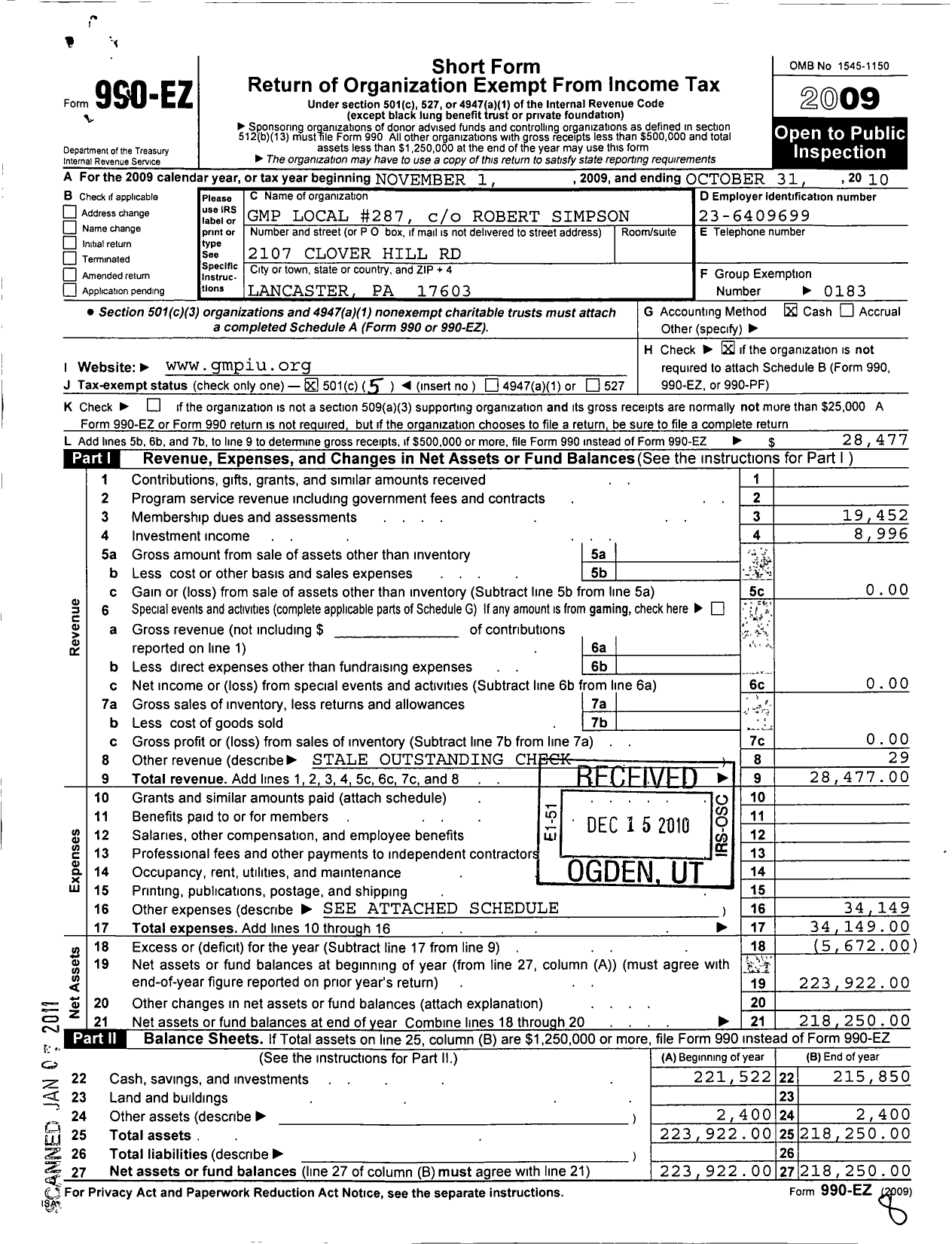 Image of first page of 2009 Form 990EO for United Steelworkers - 00287m Local