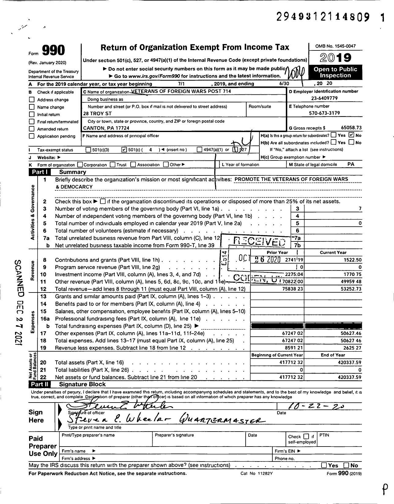 Image of first page of 2019 Form 990O for Veterans of Foreign Wars of the United States Dept of Pennsylvania - 714 Vfw-Penn Auxiliary