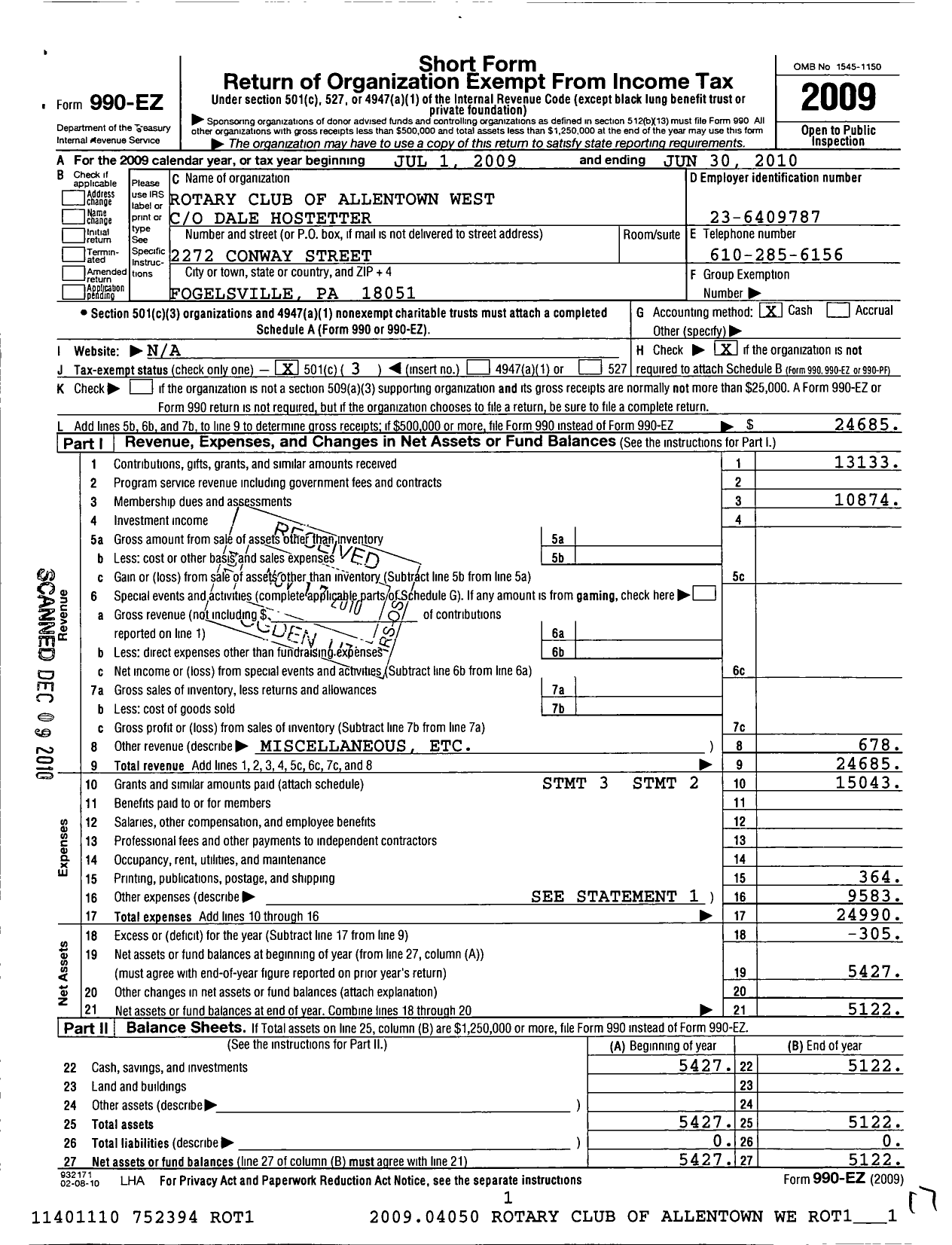 Image of first page of 2009 Form 990EZ for Rotary International - Allentown West-Western Lehigh Count