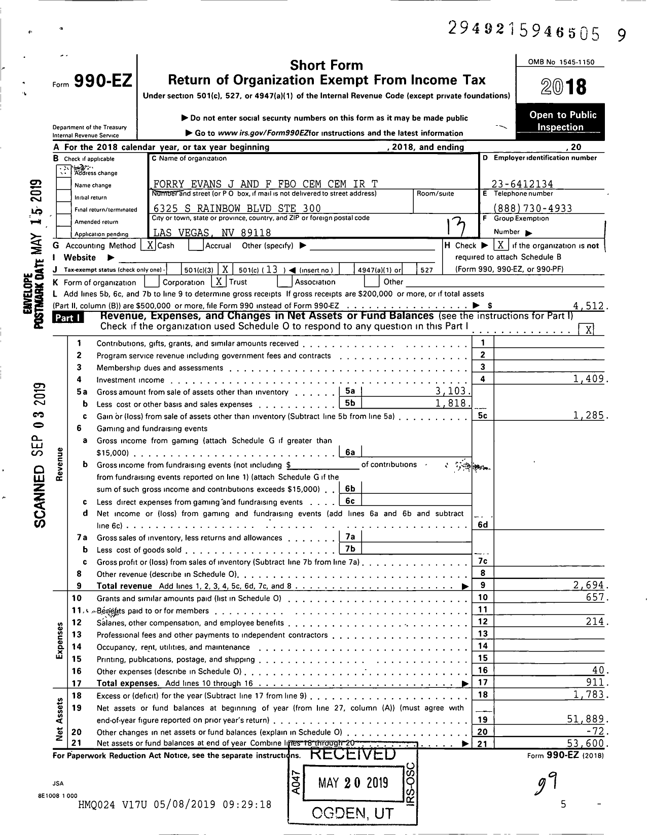 Image of first page of 2018 Form 990EO for Forry Evans J and F Fbo Cem Cem Ir T