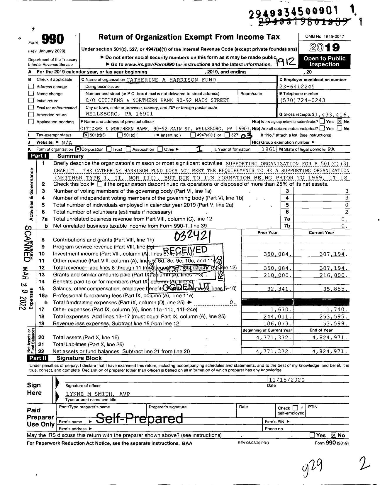 Image of first page of 2019 Form 990 for Catharine A Harrison Fund