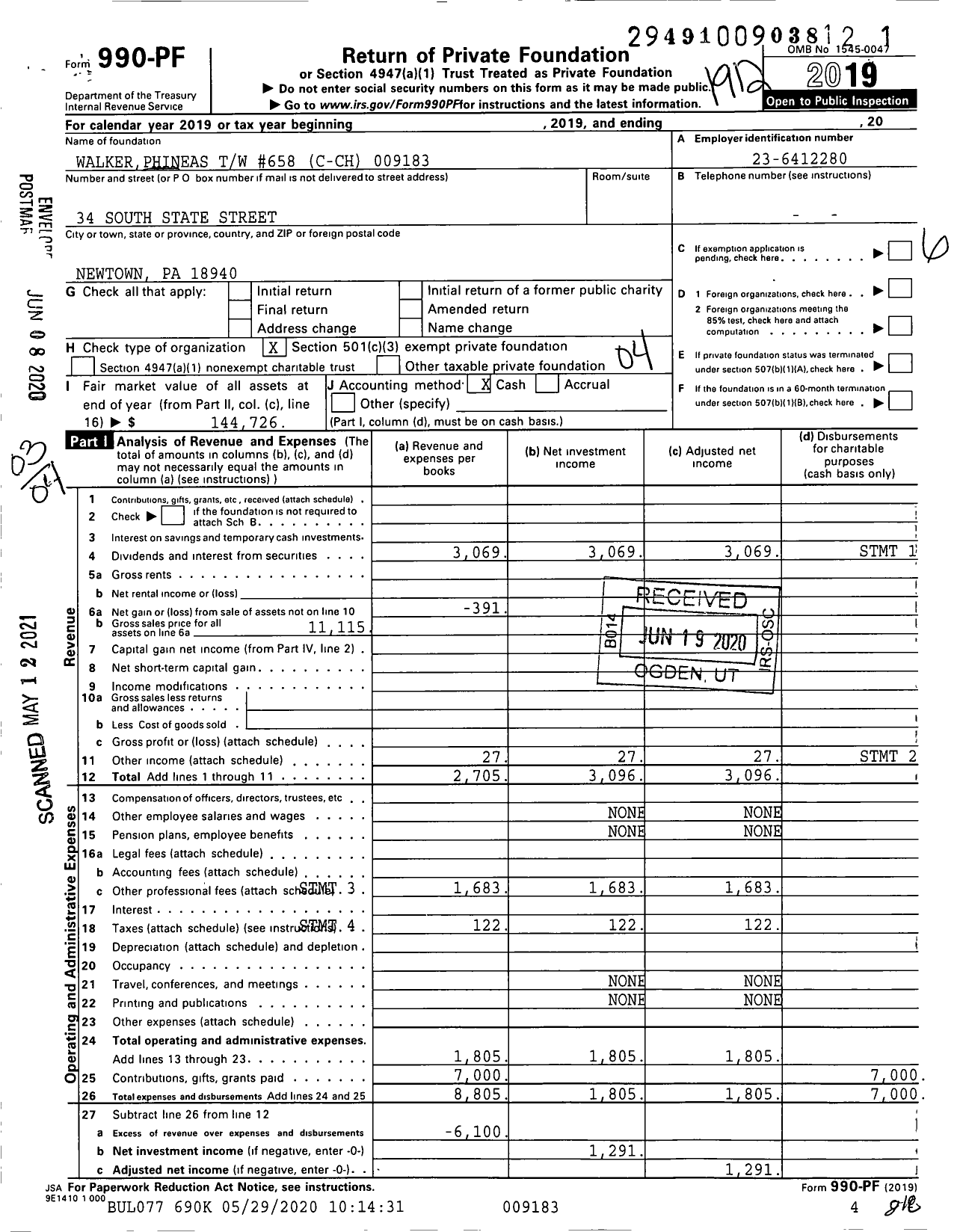 Image of first page of 2019 Form 990PF for Walkerphineas TW #658