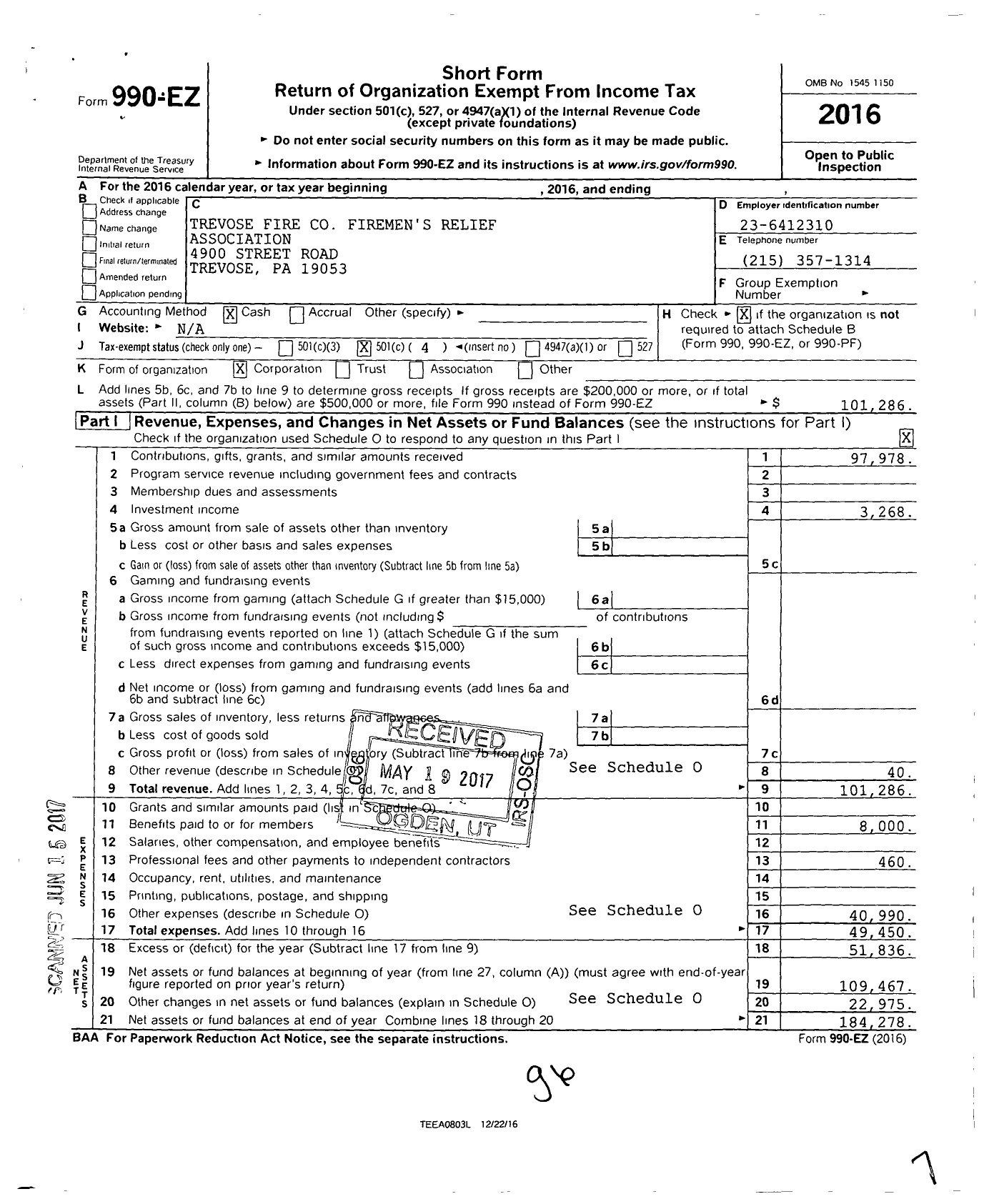 Image of first page of 2016 Form 990EO for Trevose Fire Firemens Relief Association