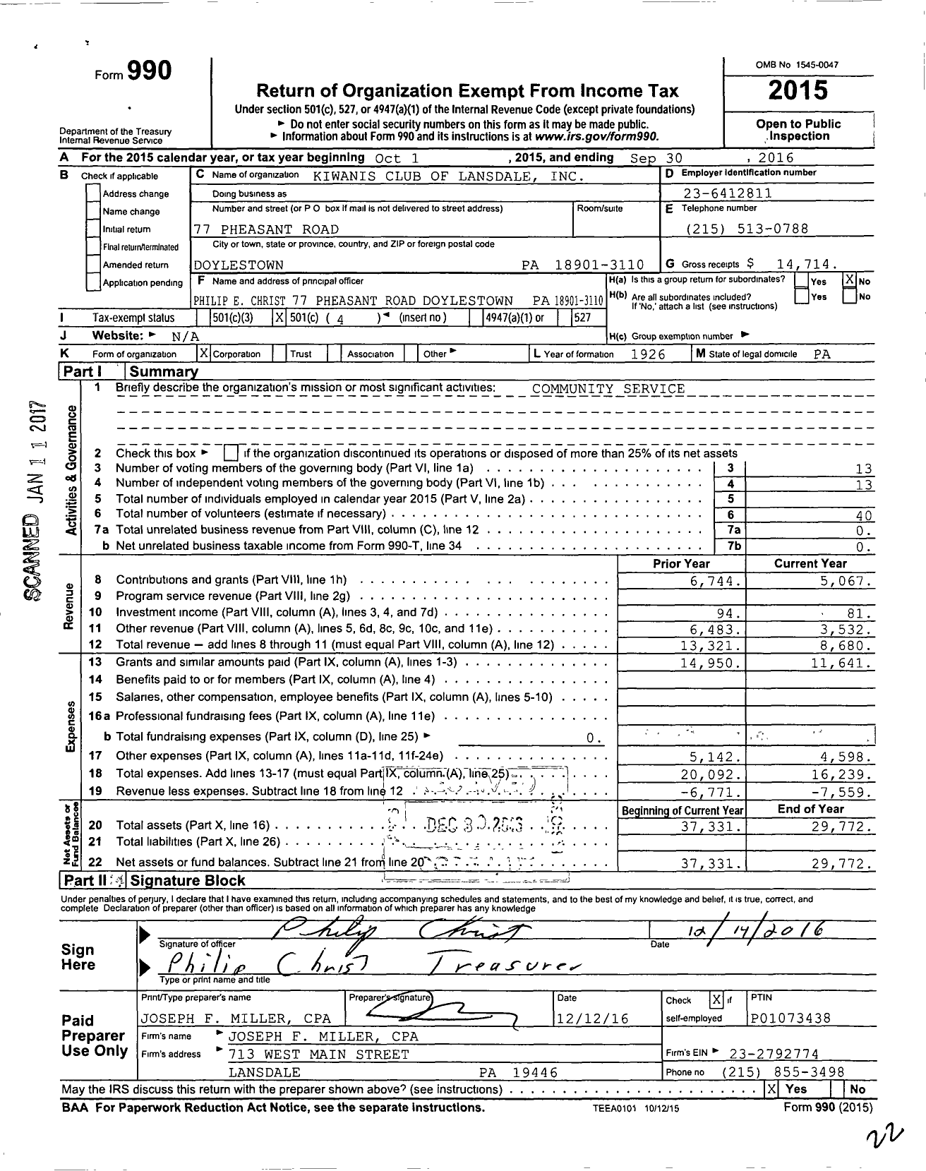 Image of first page of 2015 Form 990O for Kiwanis International - K01490 Lansdale