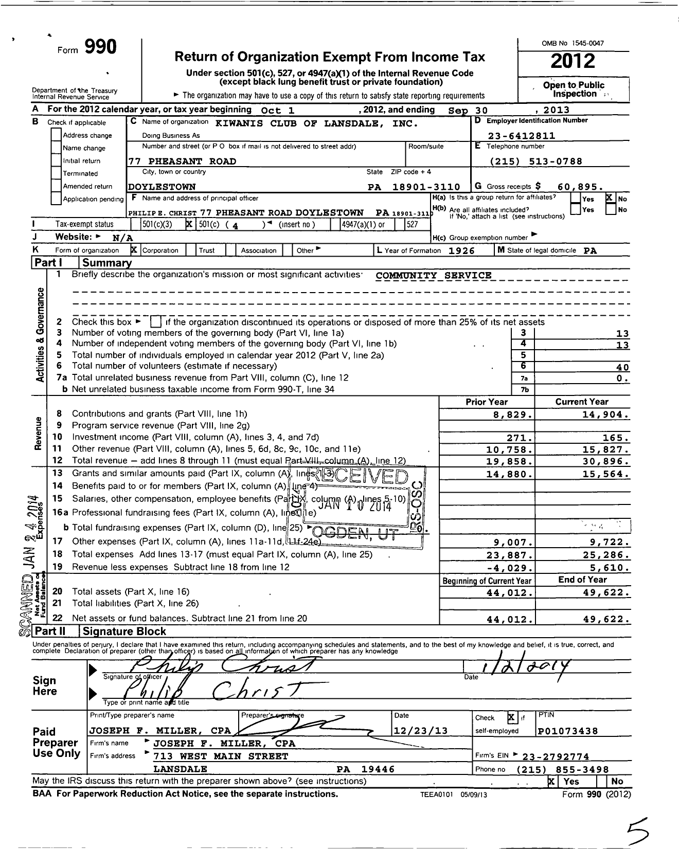 Image of first page of 2012 Form 990O for Kiwanis International - K01490 Lansdale