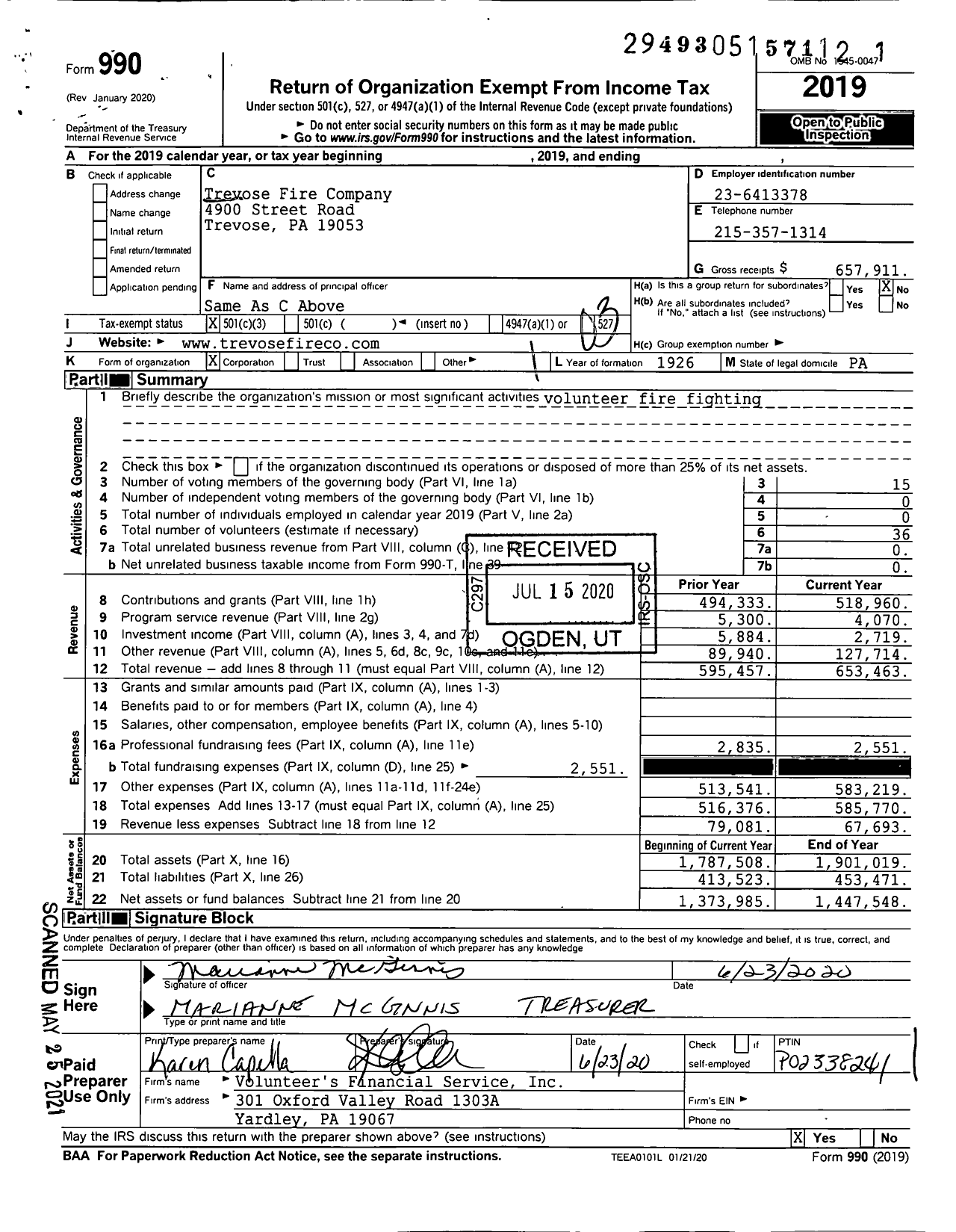 Image of first page of 2019 Form 990 for Trevose Fire Company